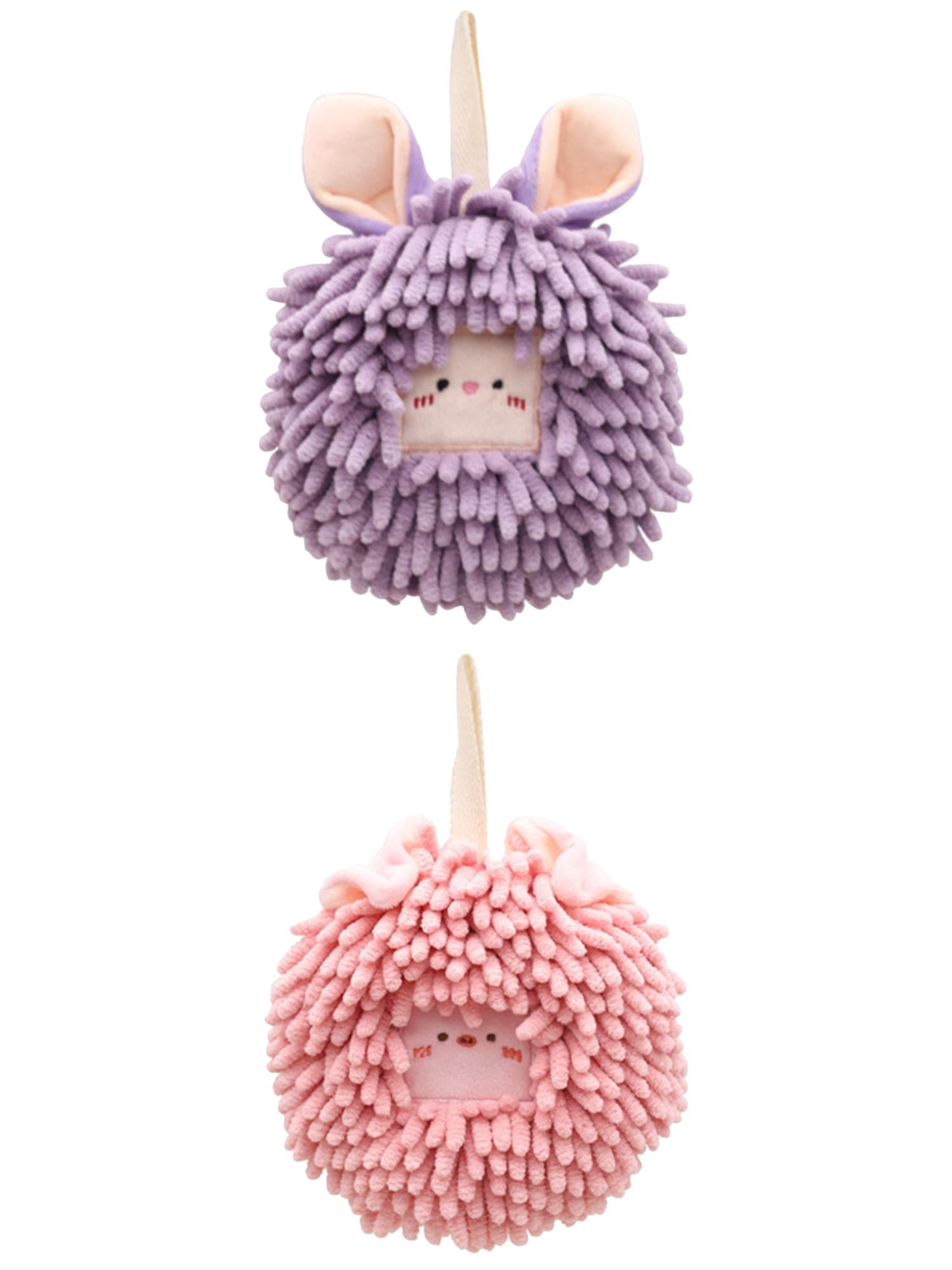 Unique Bargains 2 Pcs Chenille Ball Hanging Hand Towel 7" x 7" Pink/Purple
