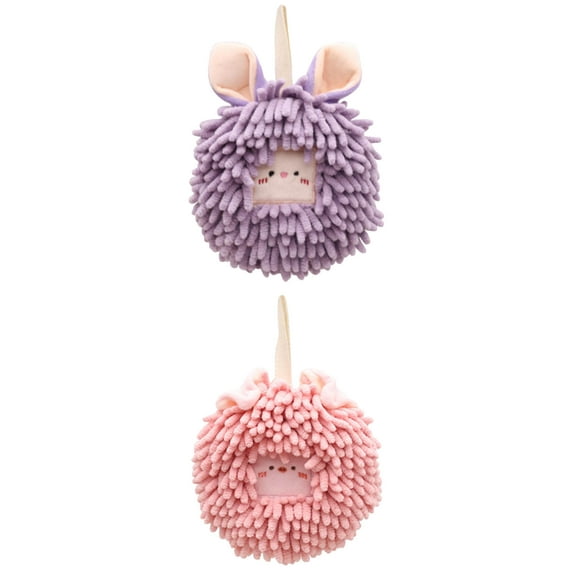 Unique Bargains 2 Pcs Chenille Ball Hanging Hand Towel 7" x 7" Pink/Purple