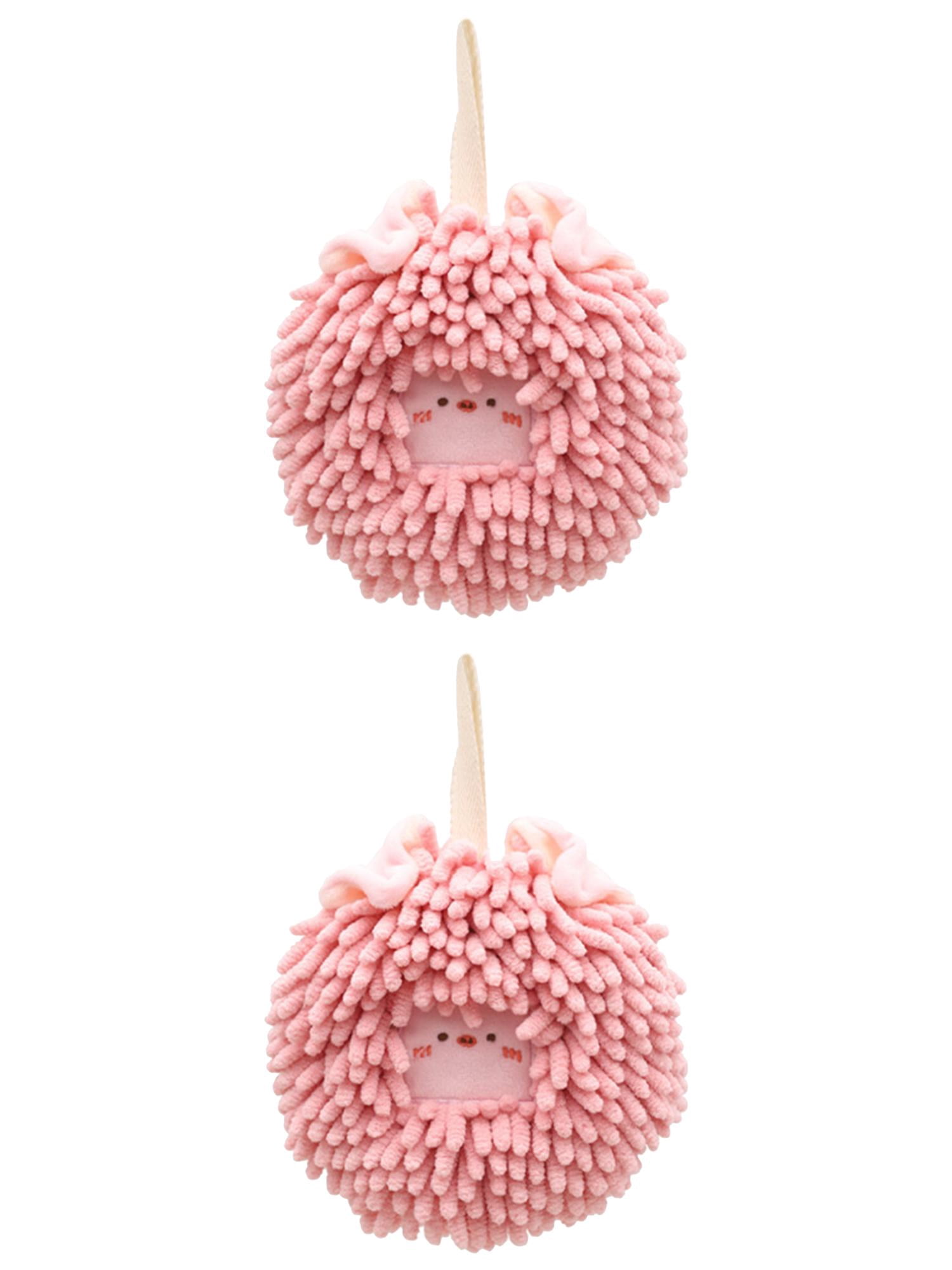 Unique Bargains 2 Pcs Chenille Ball Hanging Hand Towel 7" x 7" Pink