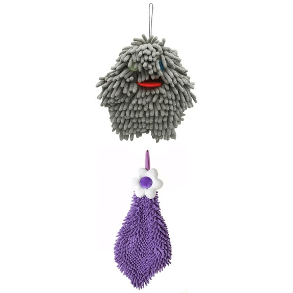 Unique Bargains 2 Pcs Chenille Hand Towel 6" x 15"/7" x 7" Purple/Grey-2
