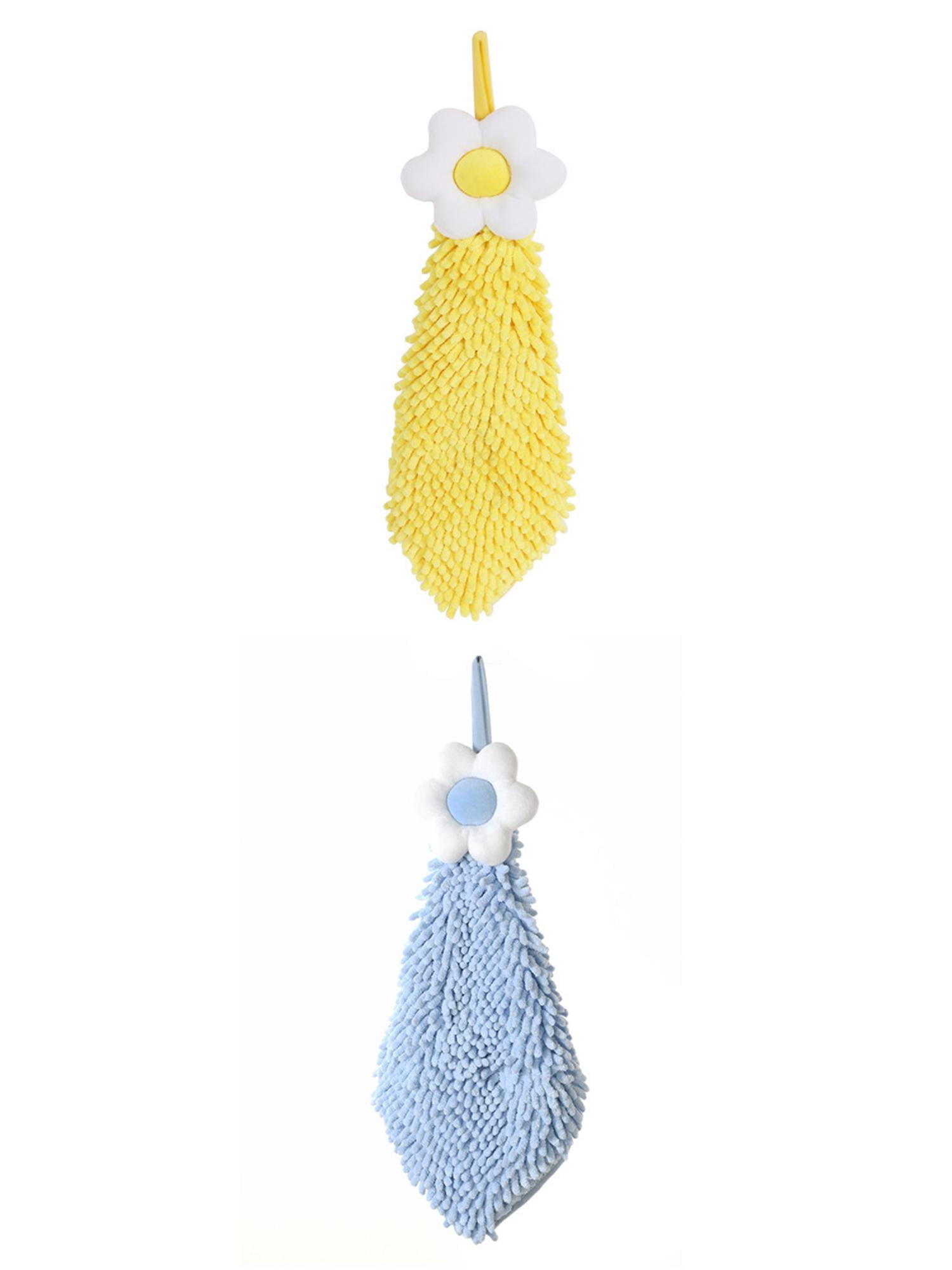 Unique Bargains 2 Pcs Chenille Soft Bathroom Hand Towels 6" x 15" Yellow/Blue-2