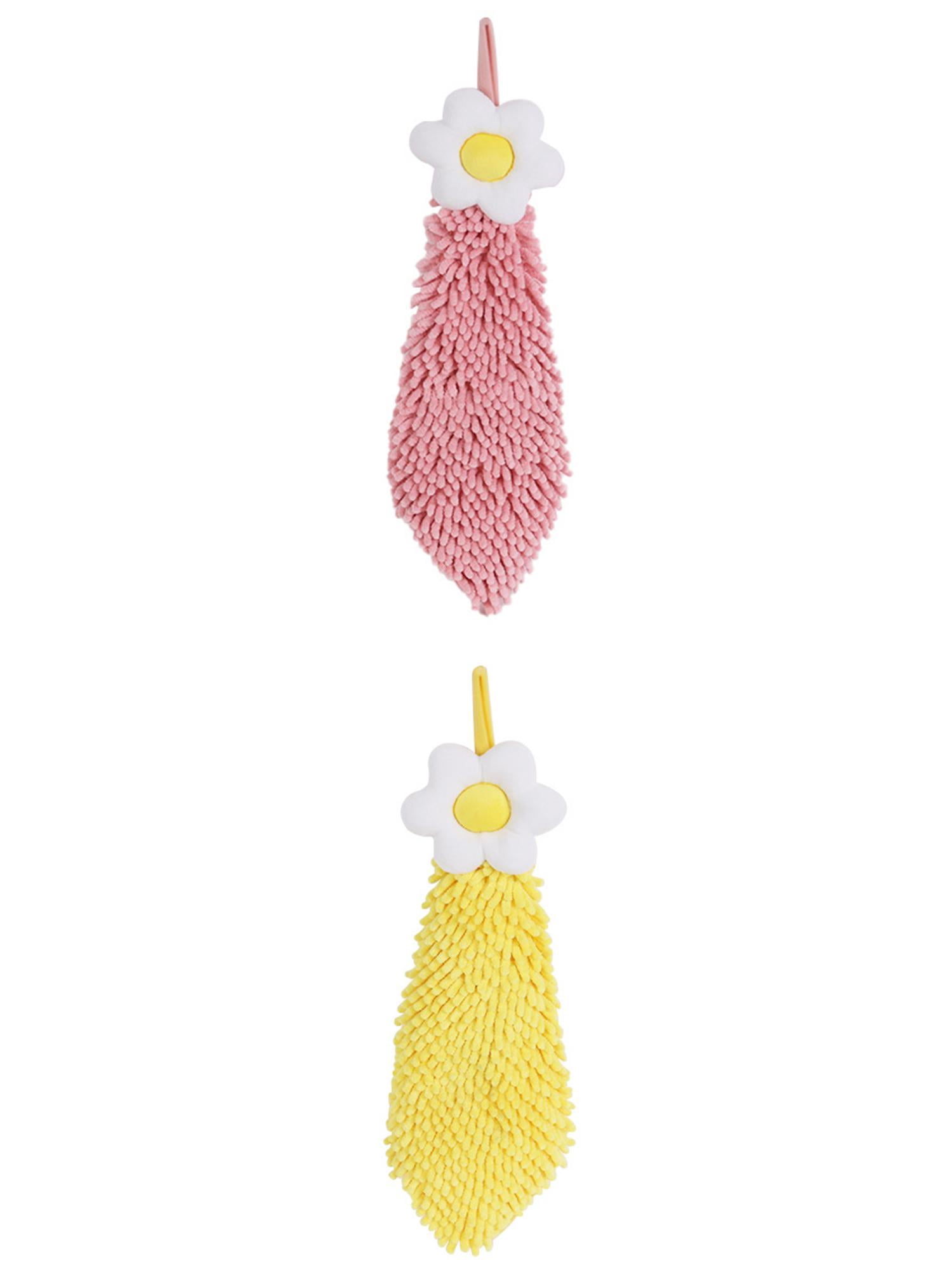 Unique Bargains 2 Pcs Chenille Soft Bathroom Hand Towels 6" x 15" Yellow/Pink-1