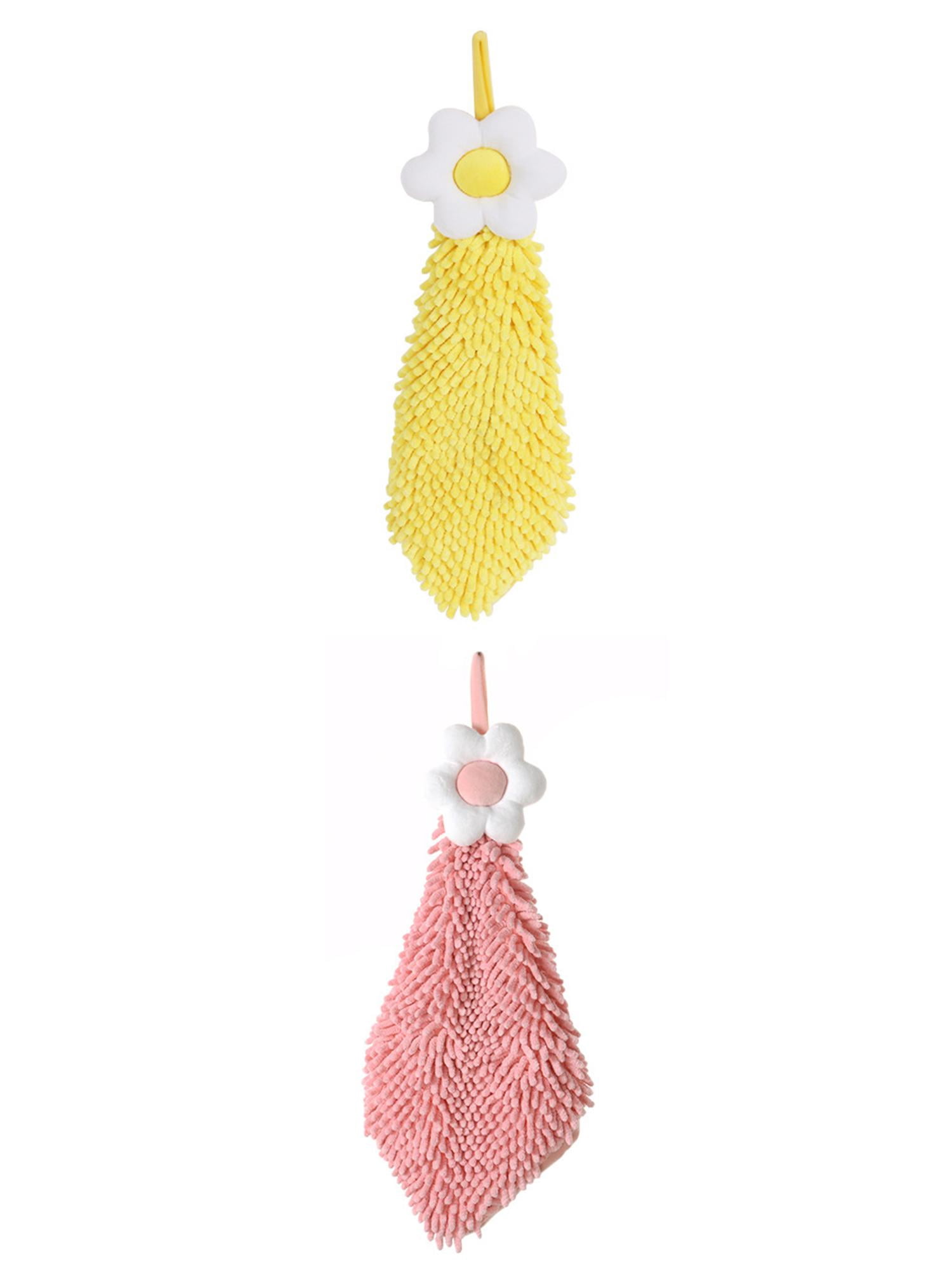 Unique Bargains 2 Pcs Chenille Soft Bathroom Hand Towels 6" x 15" Yellow/Pink-2