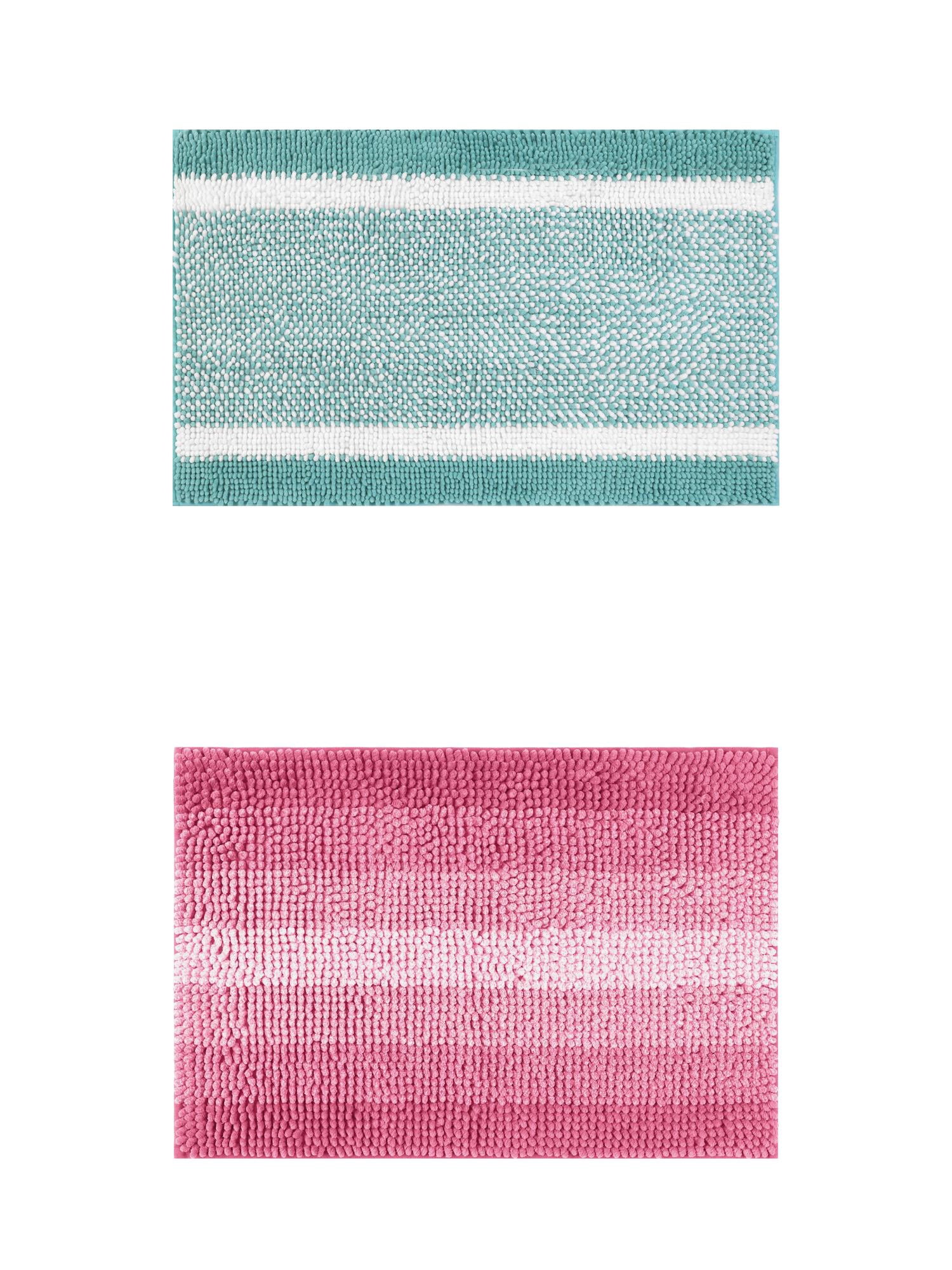 Unique Bargains 2 Pcs Chenille Soft Plush Shaggy Bathroom Rug Green/Pink 16" x 24"