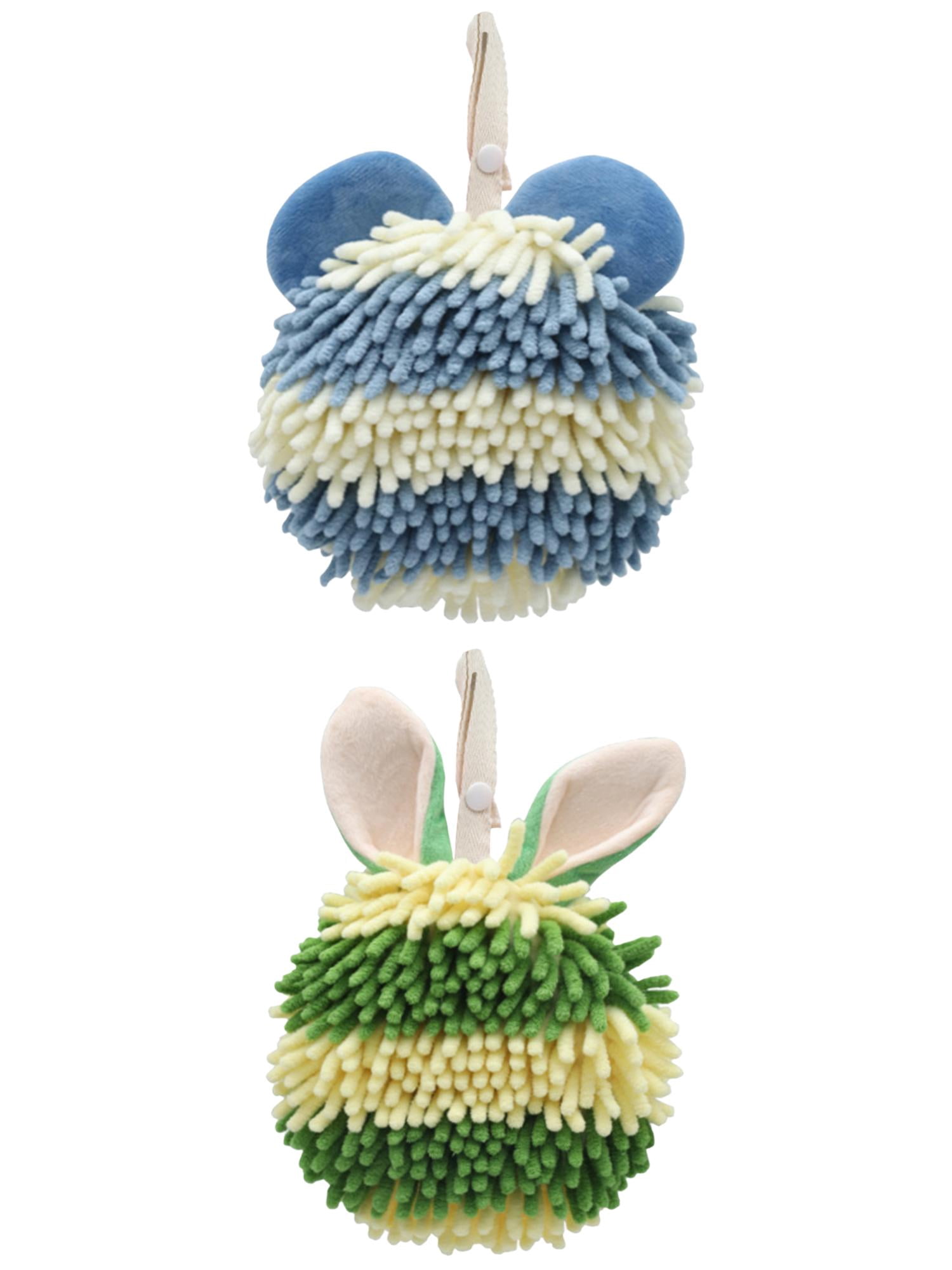 Unique Bargains 2 Pcs Fuzzy Ball Absorbent Chenille Hand Towels 7" x 7" Blue/Green