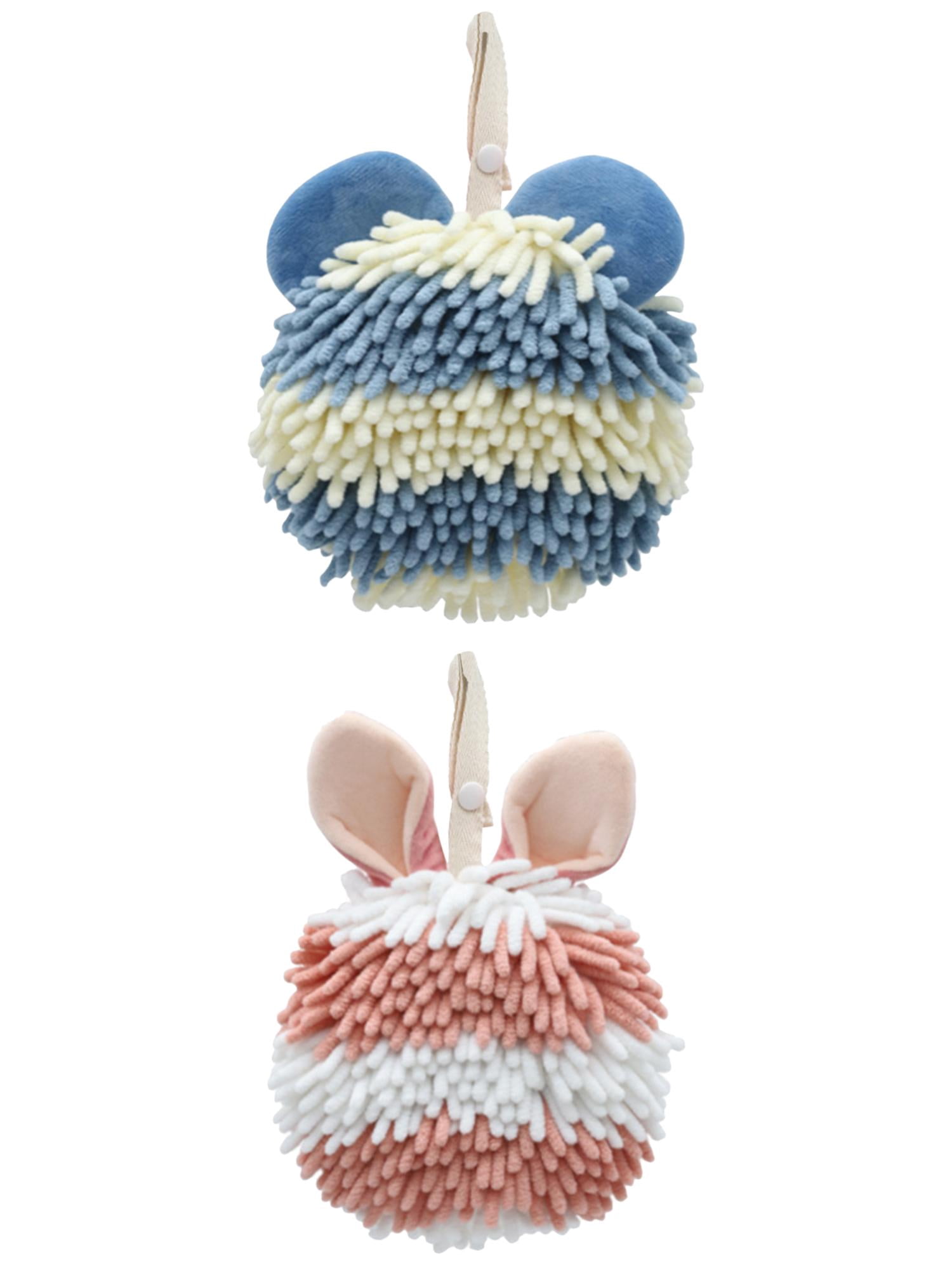 Unique Bargains 2 Pcs Fuzzy Ball Absorbent Chenille Hand Towels 7" x 7" Blue/Pink