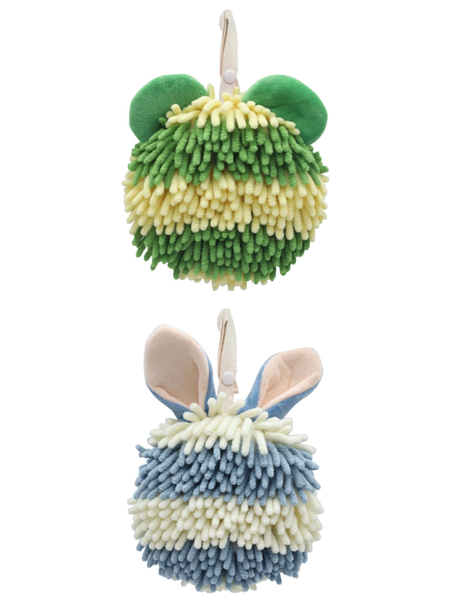 Unique Bargains 2 Pcs Fuzzy Ball Absorbent Chenille Hand Towels 7" x 7" Green/Blue