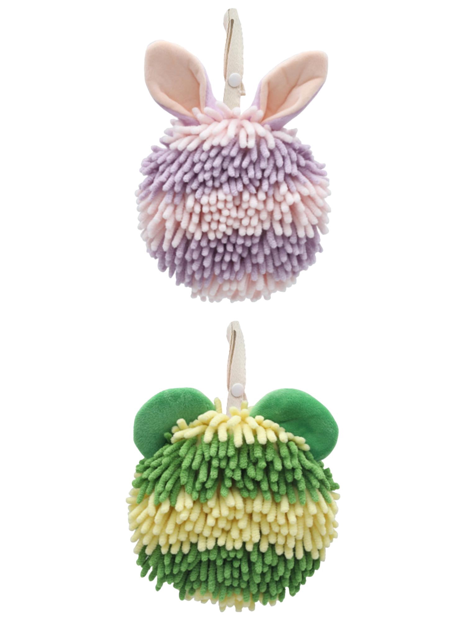 Unique Bargains 2 Pcs Fuzzy Ball Absorbent Chenille Hand Towels 7" x 7" Green/Purple