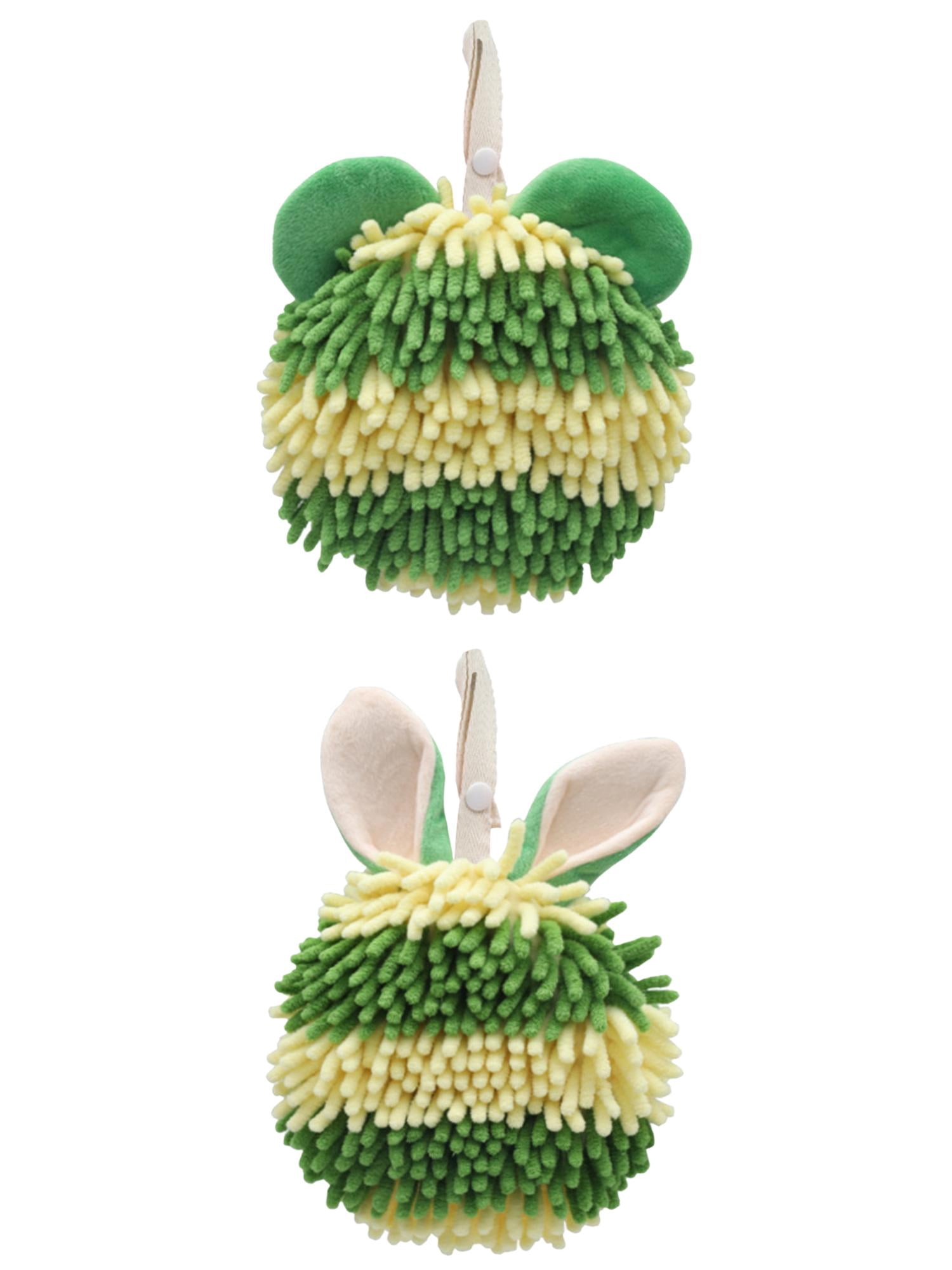 Unique Bargains 2 Pcs Fuzzy Ball Absorbent Chenille Hand Towels 7" x 7" Green