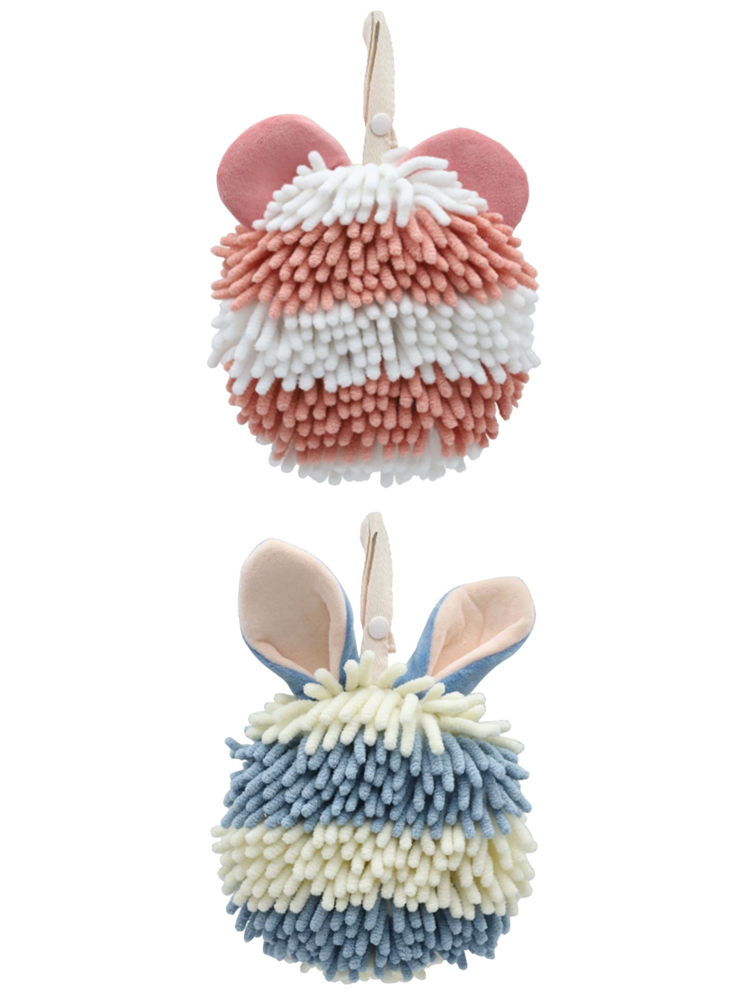 Unique Bargains 2 Pcs Fuzzy Ball Absorbent Chenille Hand Towels 7" x 7" Pink/Blue