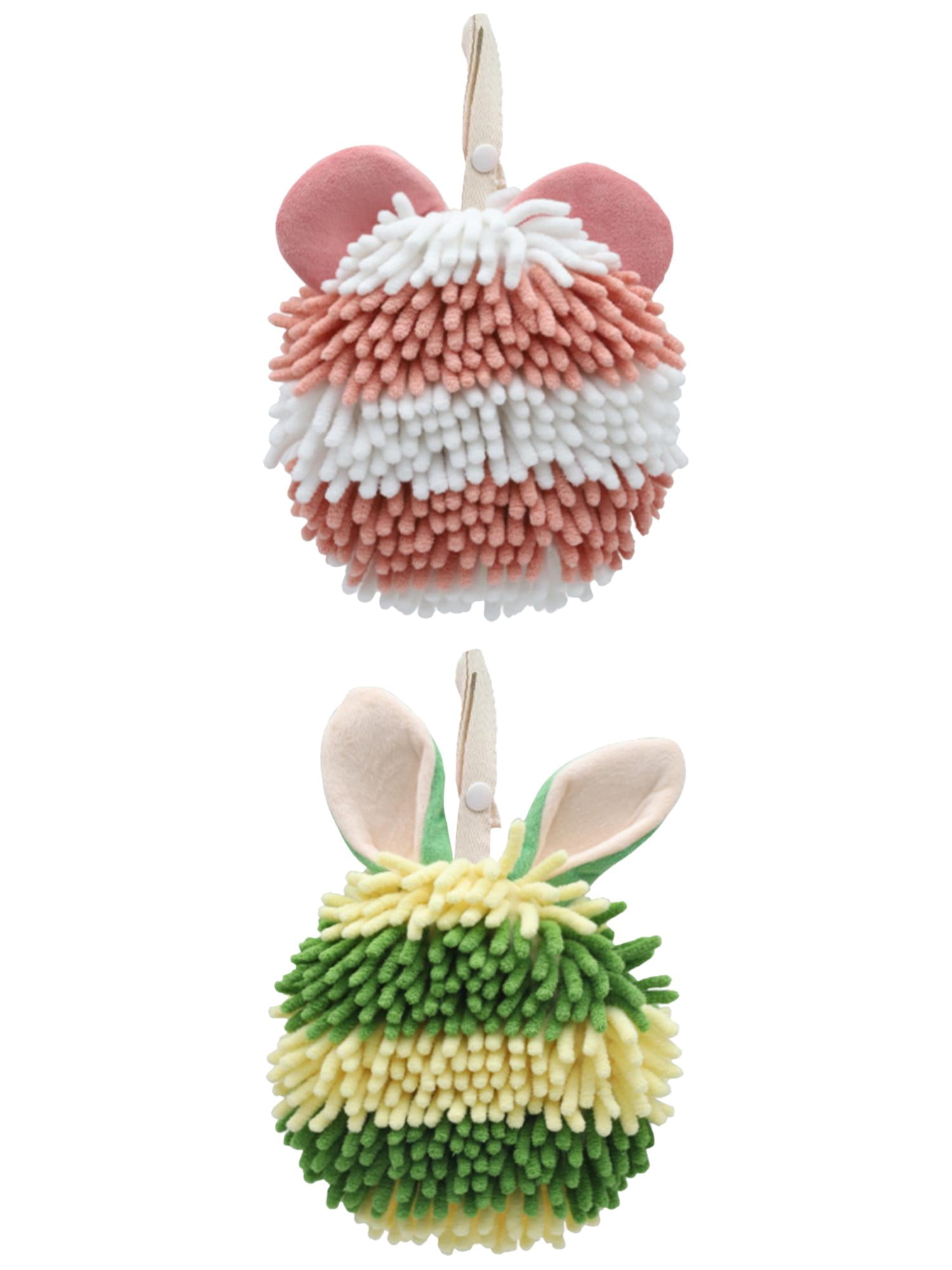 Unique Bargains 2 Pcs Fuzzy Ball Absorbent Chenille Hand Towels 7" x 7" Pink/Green
