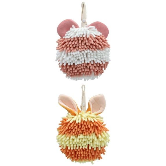 Unique Bargains 2 Pcs Fuzzy Ball Absorbent Chenille Hand Towels 7" x 7" Pink/Orange