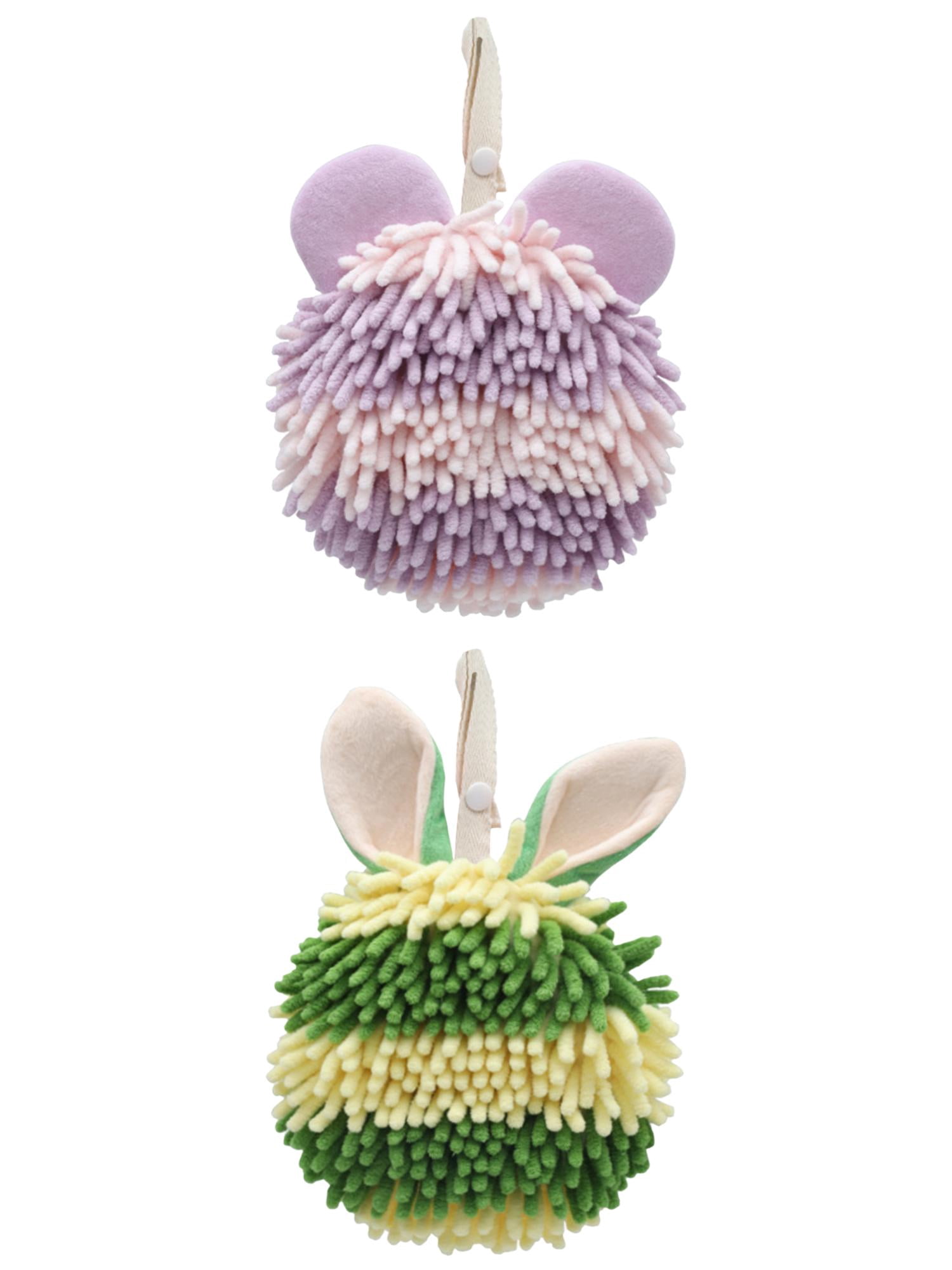 Unique Bargains 2 Pcs Fuzzy Ball Absorbent Chenille Hand Towels 7" x 7" Purple/Green