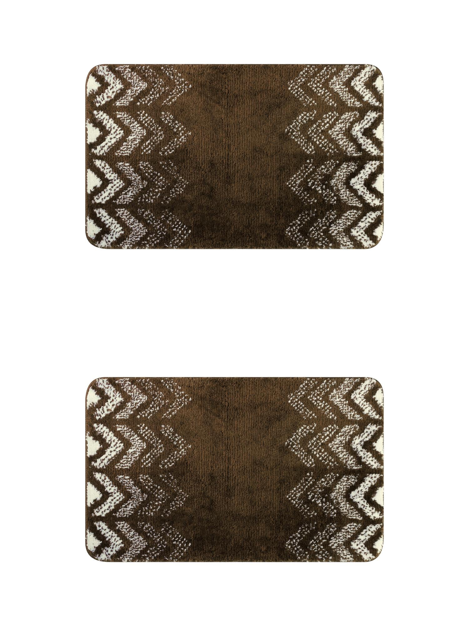Brown and White Geometric Pattern Non-Slip Bathroom Rugs Set