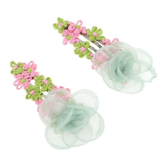 Unique Bargains 2 Pcs Hair Clip Grace Pastoral Style Mesh Flowers Duckbill Clip Green