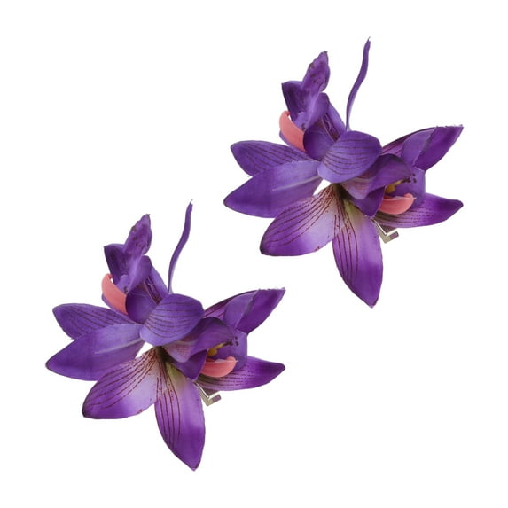 Unique Bargains Christmas 2 Pcs Hair Clip Grace Simulation Phalaenopsis Double Flowers Duckbill Clip Purple