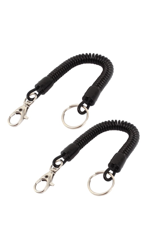 2 Pcs Lobster Hook Black Stretchy Coil Keyring Keychain Strap 8" Length