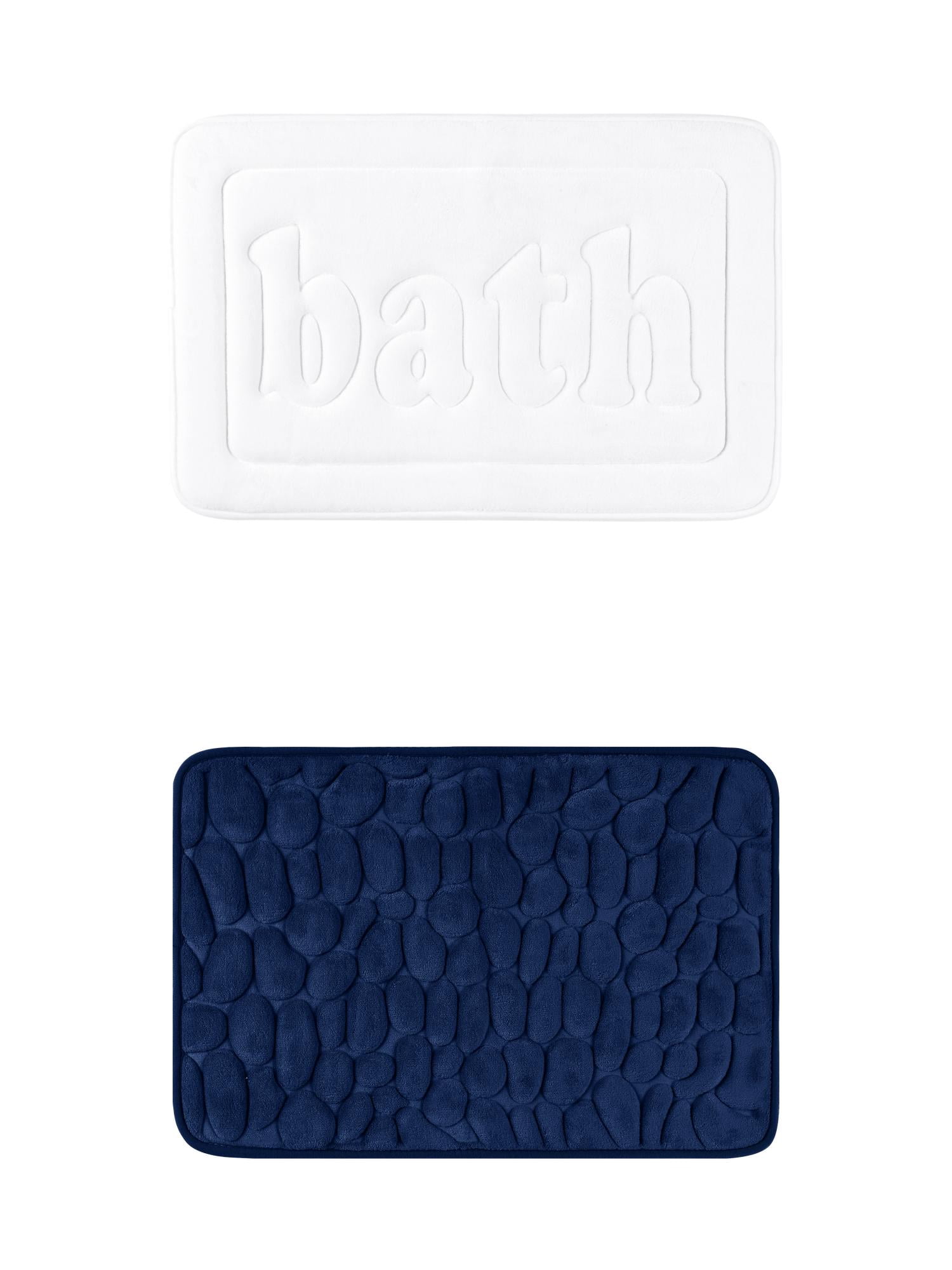 Unique Bargains 2 Pcs Memory Foam Absorbent Bathroom Rugs White/Navy Blue 16" x 24"