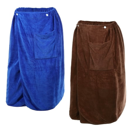 Unique Bargains 2 Pcs Men's Bath Wrap Towel Body Wrap for Shower Spa Adjustable Robes Blue Brown 70x140cm