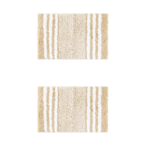 Unique Bargains 2 Pcs Microfiber Fluffy Striped Bath Rugs Non-Slip Absorbent Floor Mat Beige 20" x 32"/16" x 24"