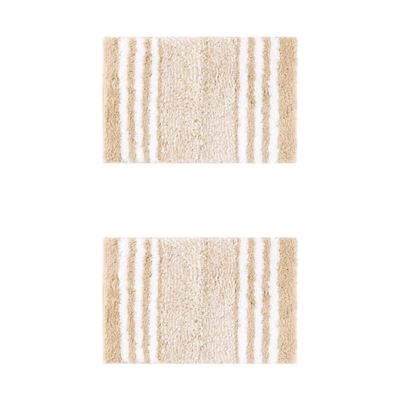 Unique Bargains 2 Pcs Microfiber Fluffy Striped Bath Rugs Non-Slip Absorbent Floor Mat Beige 20" x 32"/16" x 24"