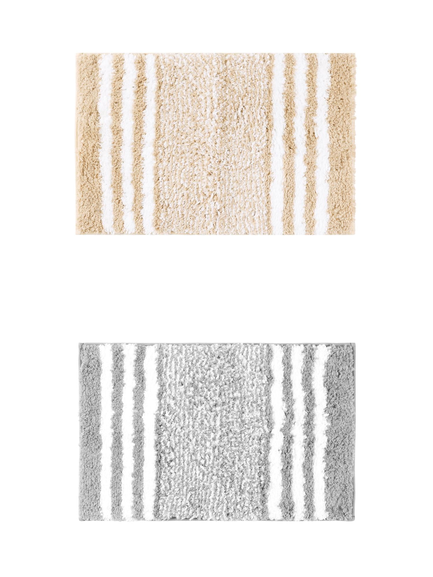 Unique Bargains 2 Pcs Microfiber Fluffy Striped Bath Rugs Non-Slip Absorbent Floor Mat Beige/Grey 20" x 32"