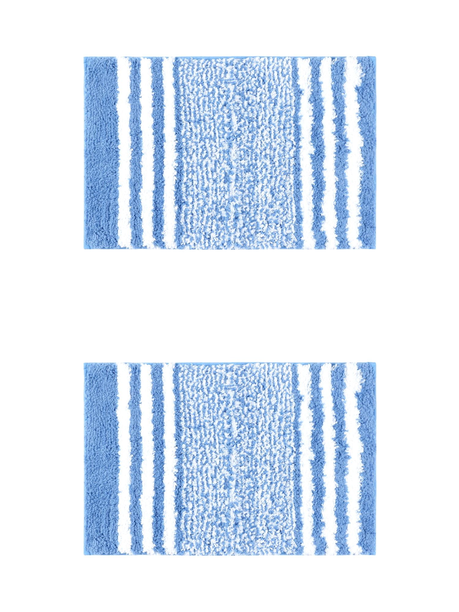 Unique Bargains 2 Pcs Microfiber Fluffy Striped Bath Rugs Non-Slip Absorbent Floor Mat Blue 20" x 32"