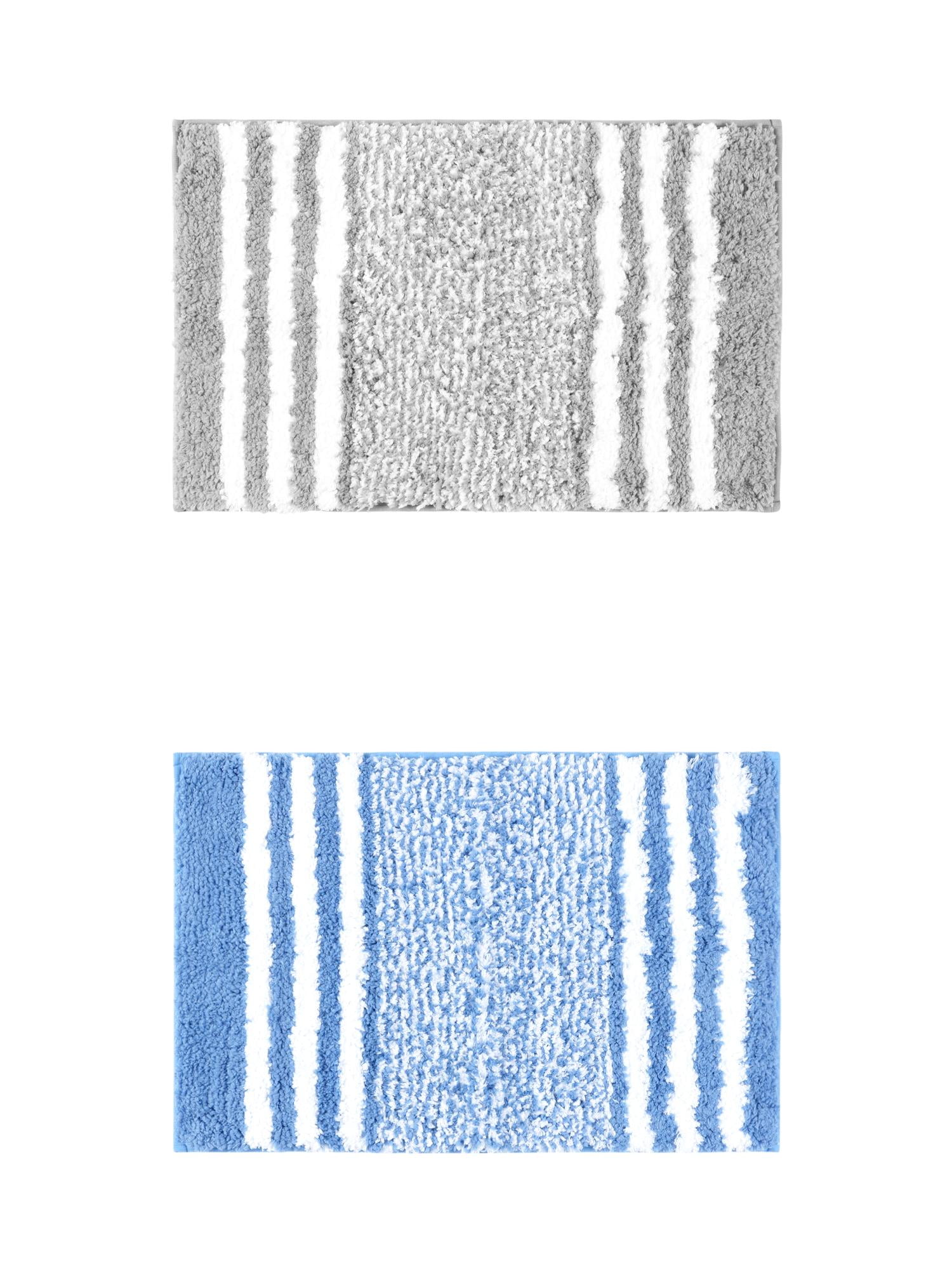 Unique Bargains 2 Pcs Microfiber Fluffy Striped Bath Rugs Non-Slip Absorbent Floor Mat Grey/Blue 16" x 24"