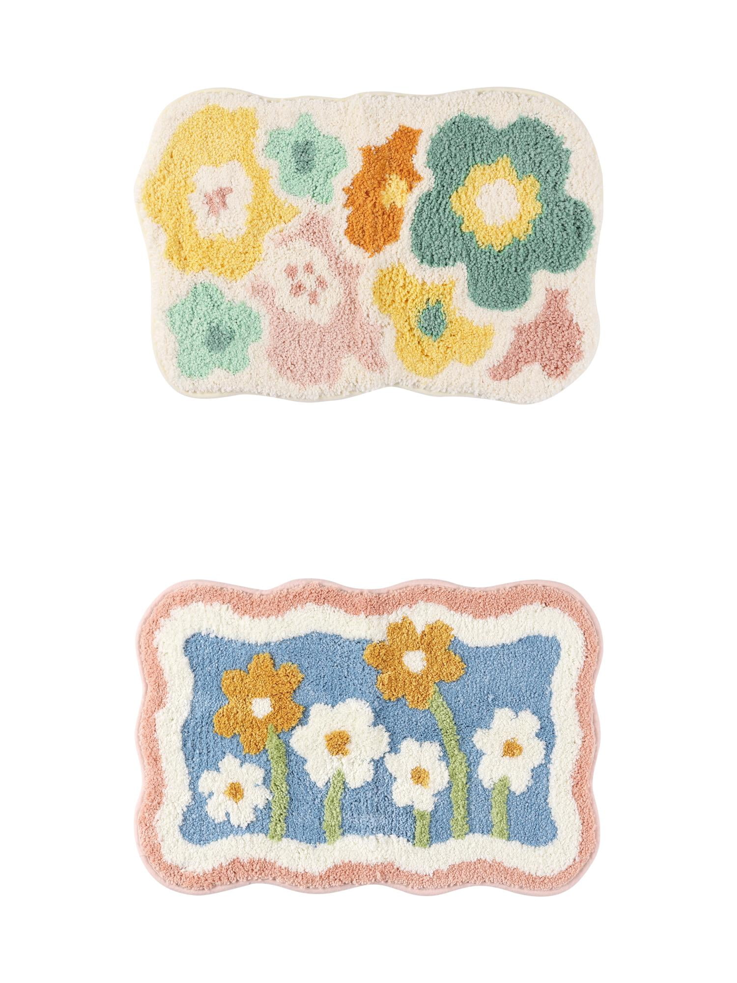 Unique Bargains 2 Pcs Non-Slip Quick Dry Bath Rugs Flower-2/Flower-1 16" x 24"