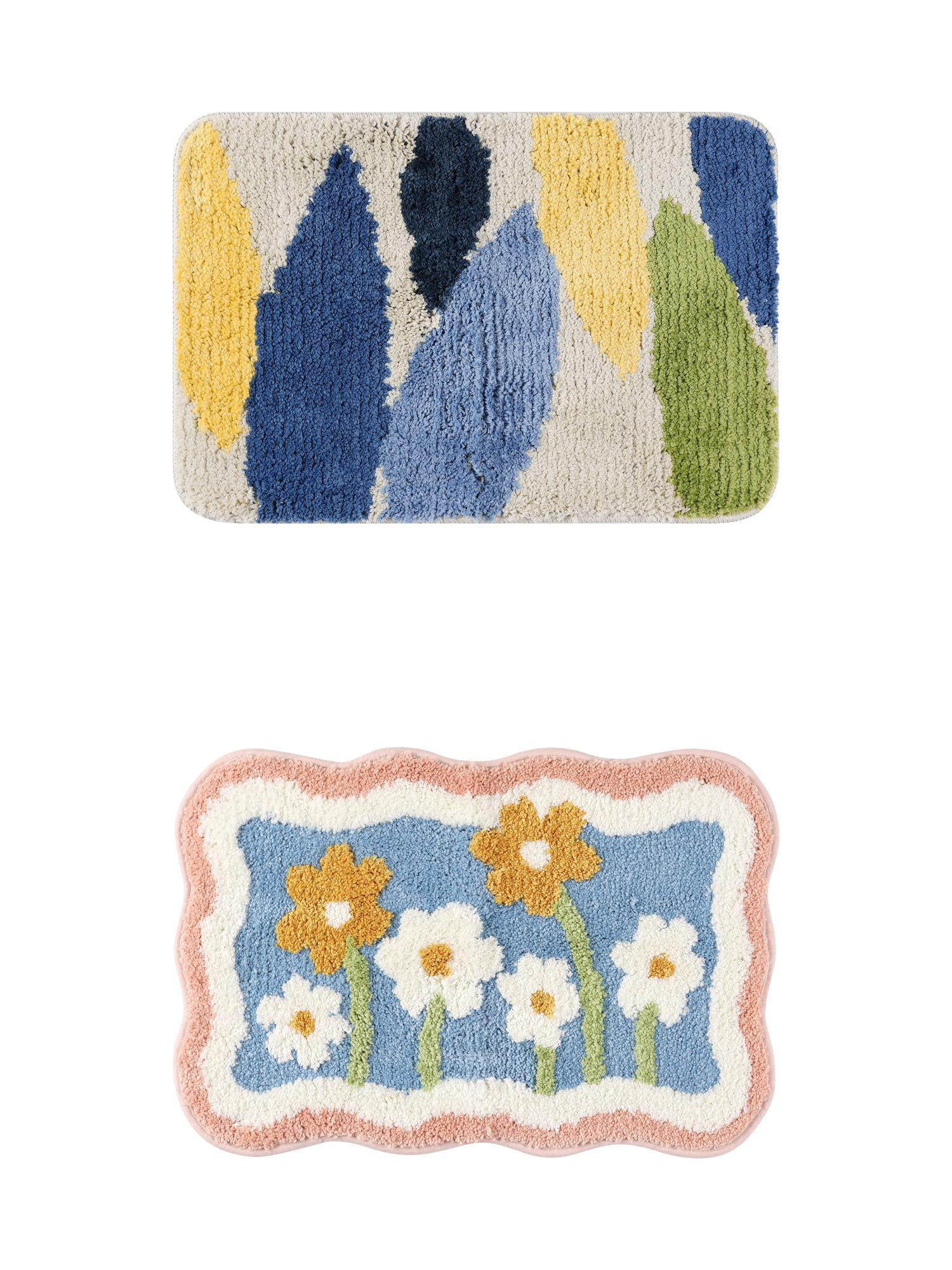 Unique Bargains 2 Pcs Non-Slip Quick Dry Bath Rugs Flower-2/Leaves-3 20" x 32"