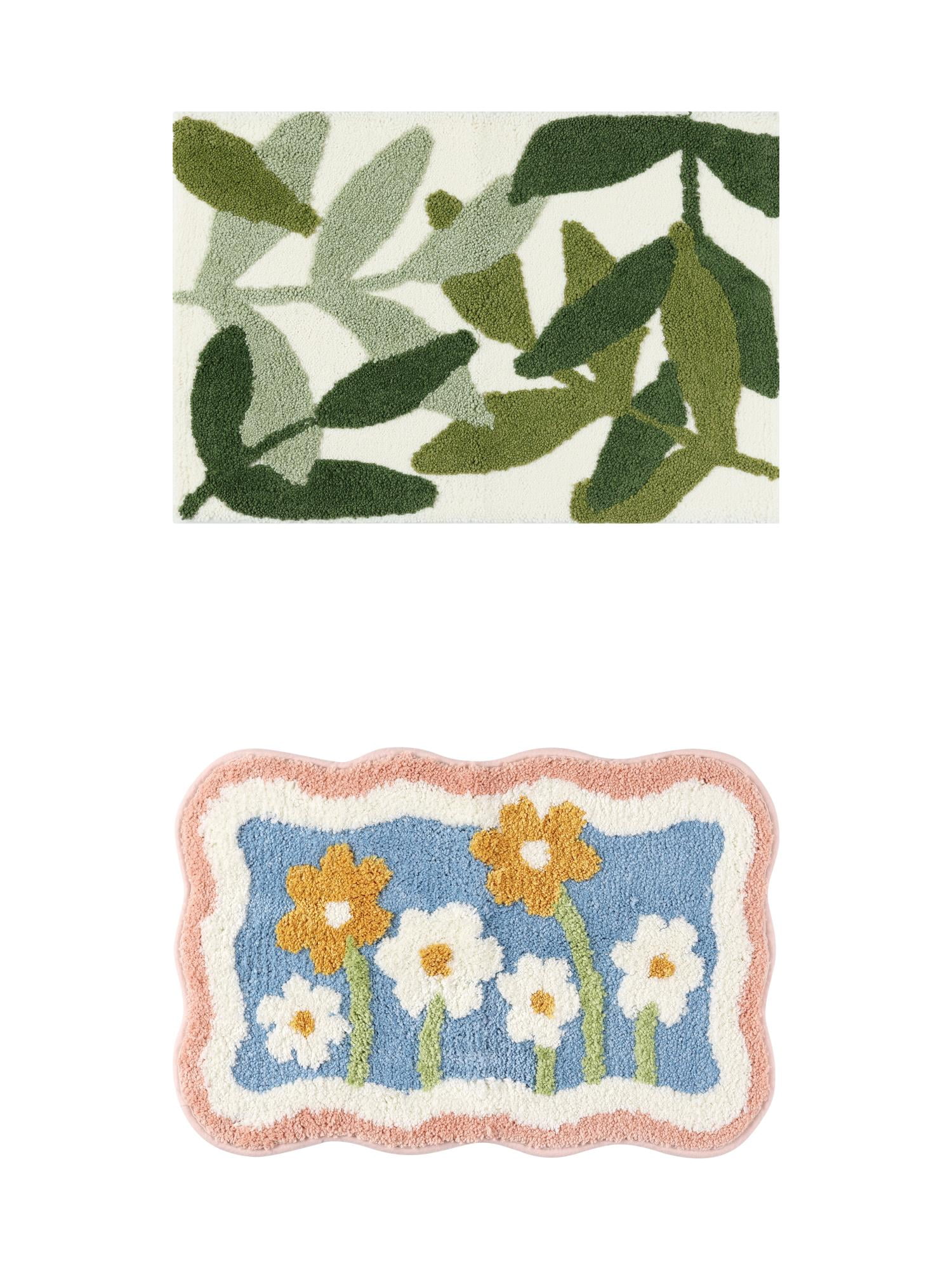 Unique Bargains 2 Pcs Non-Slip Quick Dry Bath Rugs Leaf-1/Flower-2 20" x 32"