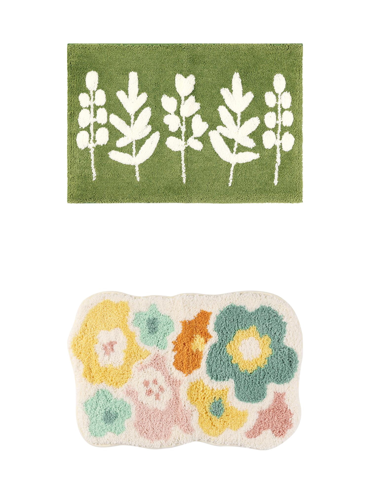 Unique Bargains 2 Pcs Non-Slip Quick Dry Bath Rugs Leaves-2/Flower-1 20" x 32"