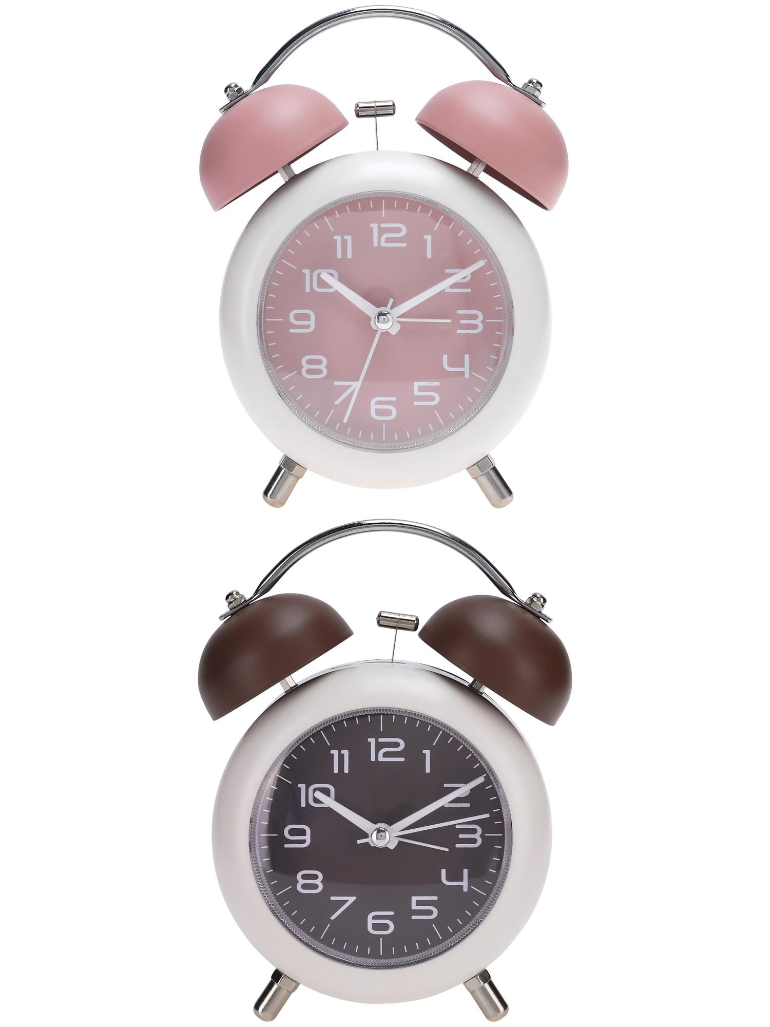 Unique Bargains 2 Pcs Old Fashioned Circle Loud Alarm Clock Brown/Pink