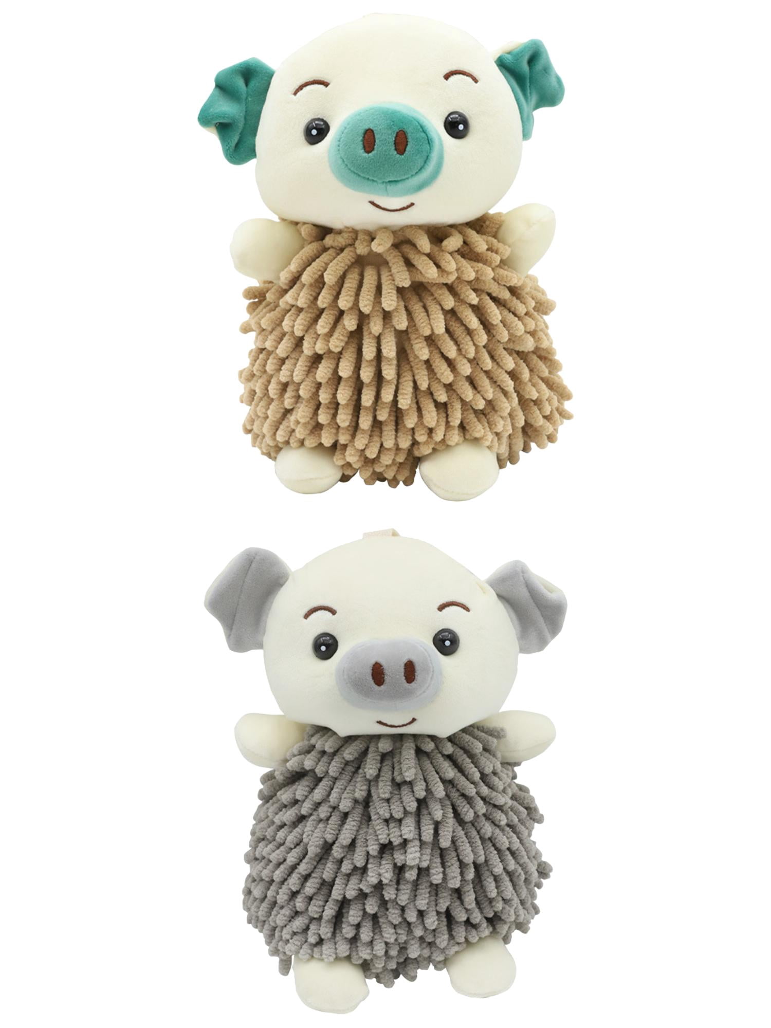 Unique Bargains 2 Pcs Piggy Chenille Hand Towels 7" x 11" Brown/Grey