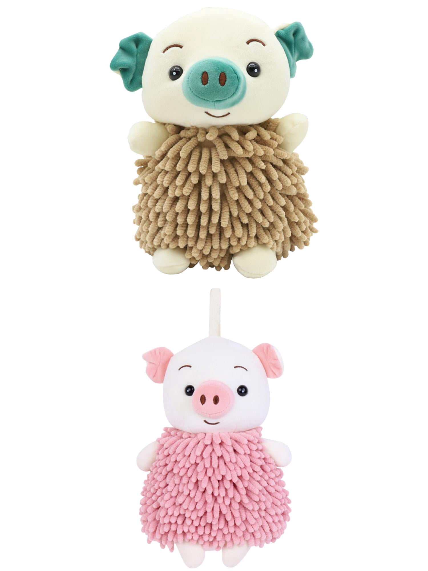 Unique Bargains 2 Pcs Piggy Chenille Hand Towels 7" x 11" Brown/Pink