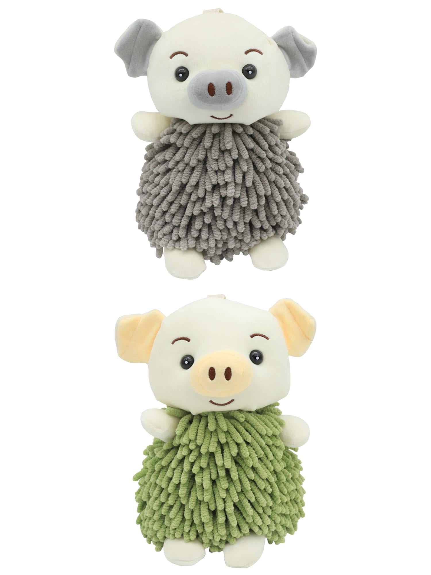 Unique Bargains 2 Pcs Piggy Chenille Hand Towels 7" x 11" Grey/Green