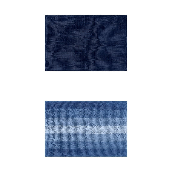 Unique Bargains 2 Pcs Plush Fluffy Extra Thick Mat Navy Blue/Dark Blue 16" x 24"