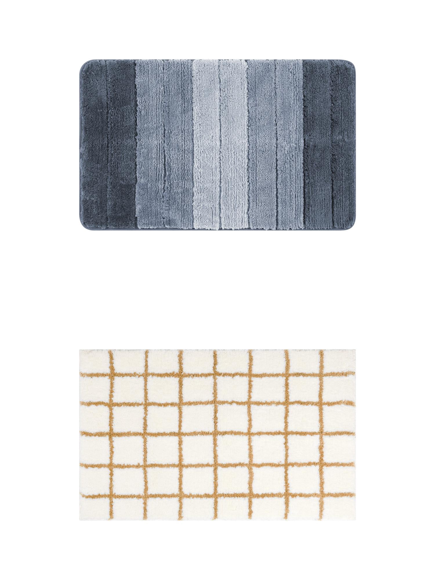 Unique Bargains 2 Pcs Plush Gradient Bath Rugs Blue Stripes/Brown Plaid 16" x 24"