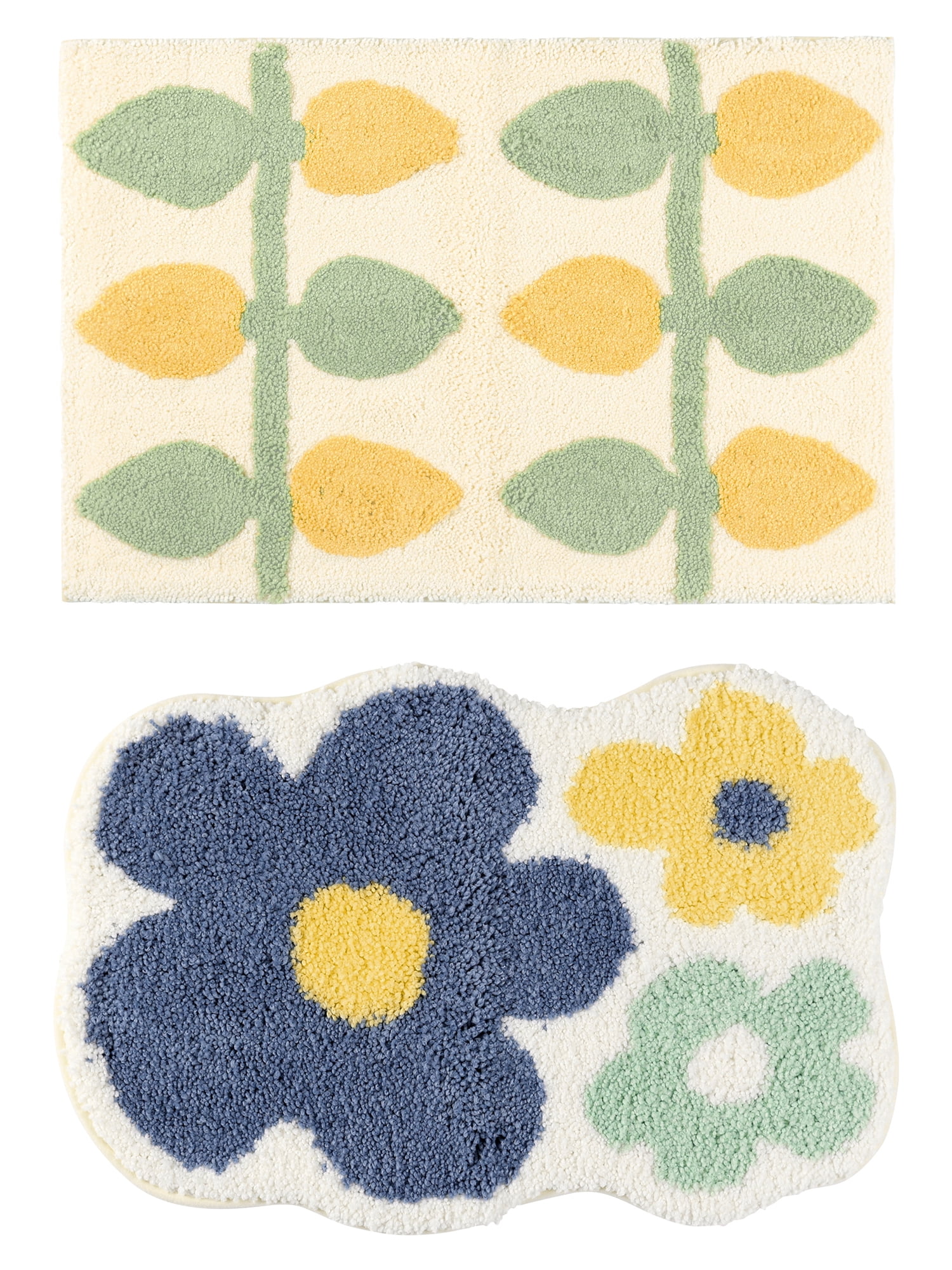 Unique Bargains 2 Pcs Printing Bath Mats Non-Slip Quick Dry Rugs for Bathroom Flower/Lemon 20" x 32"