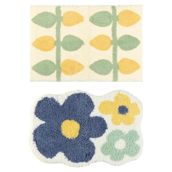 Unique Bargains 2 Pcs Printing Bath Mats Non-Slip Quick Dry Rugs for Bathroom Flower/Lemon 20" x 32"