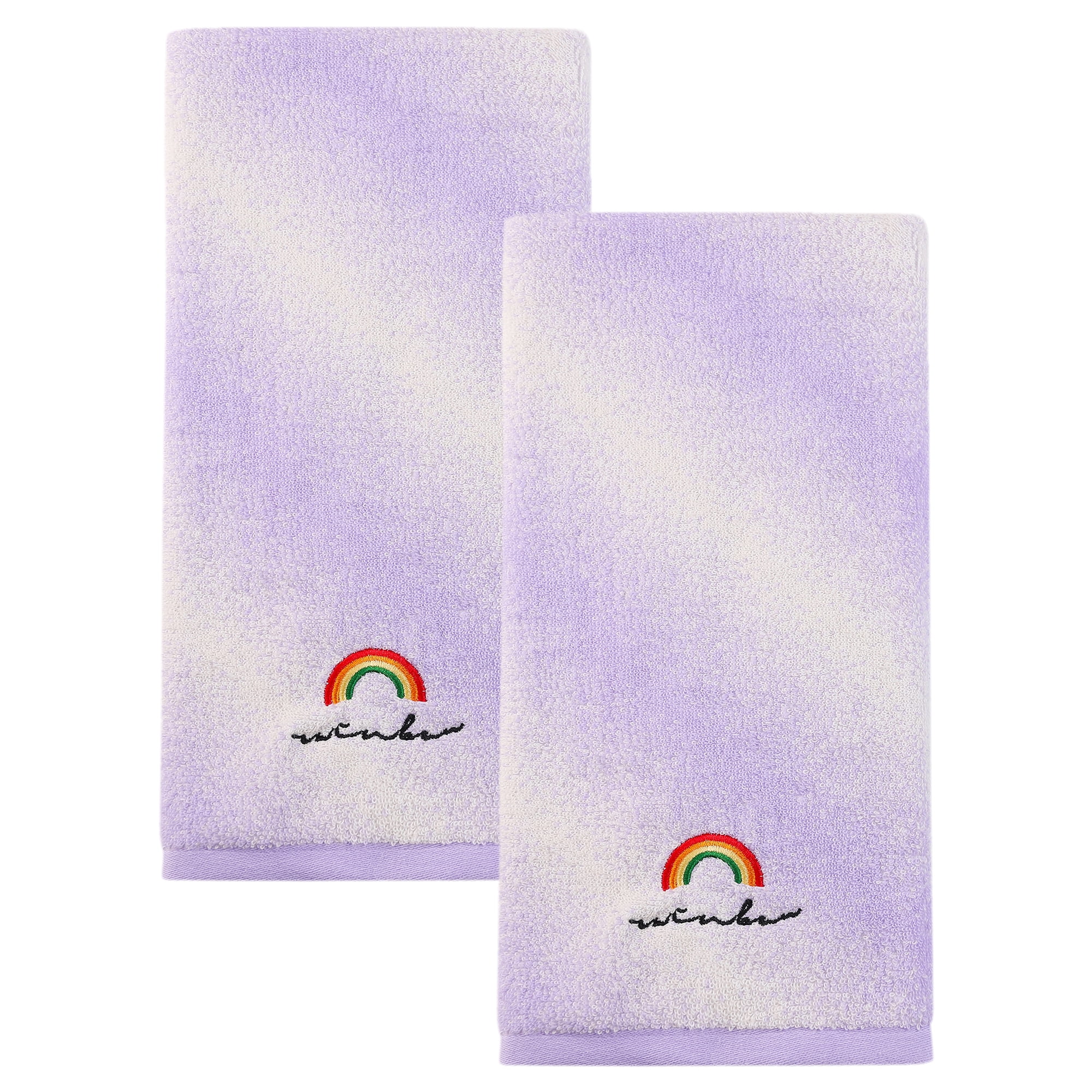 Unique Bargains 2 Pcs Rainbow Cotton Soft Absorbent Hand Towels Purple 28" x 13"