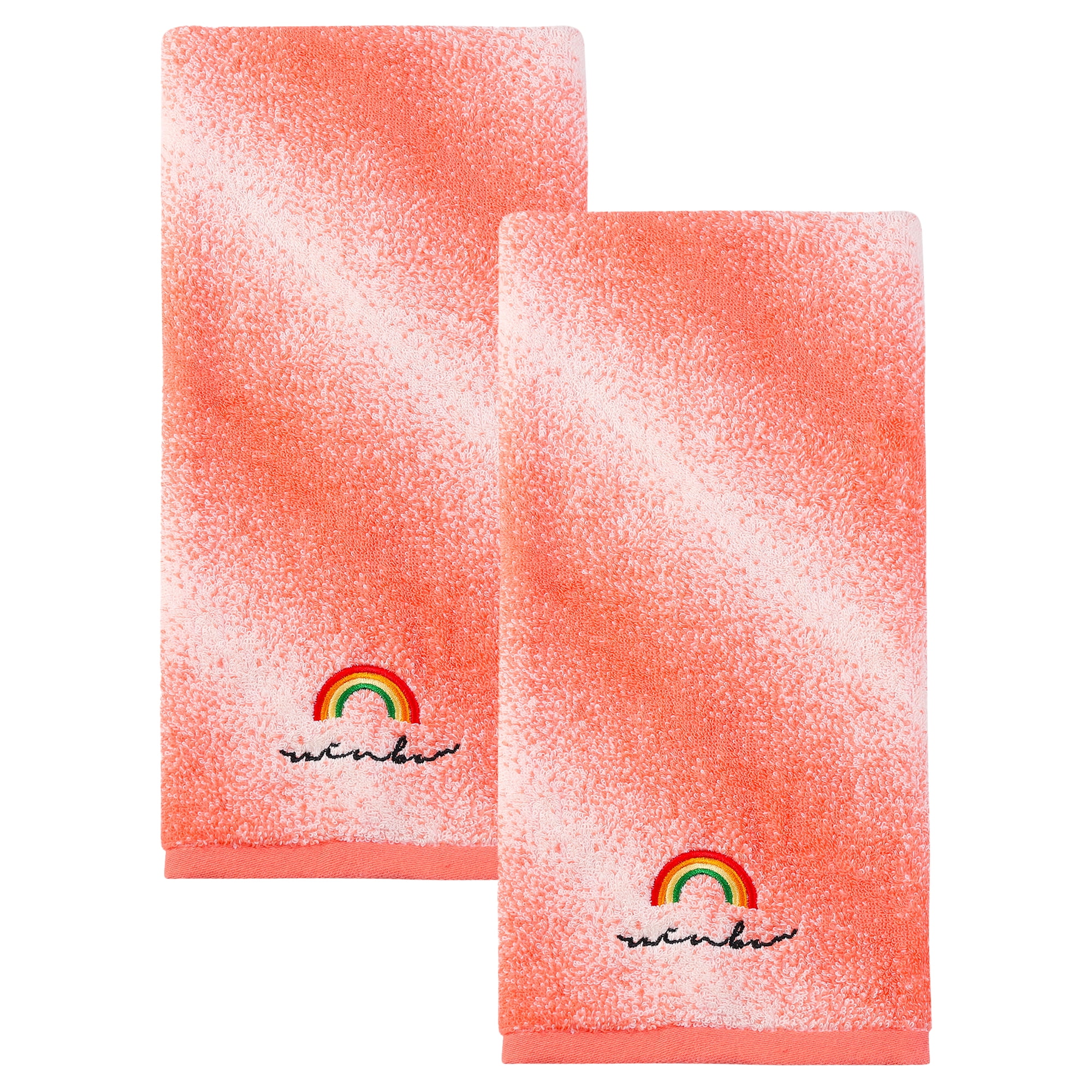 Unique Bargains 2 Pcs Rainbow Cotton Soft Absorbent Hand Towels Red 28" x 13"