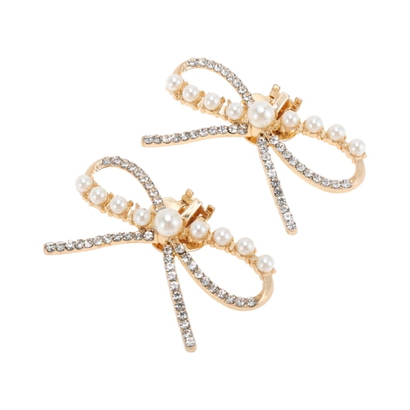 Unique Bargains 2 Pcs Shoe Accessories Fashionable Pearl Rhinestone Bow with Detachable Clip Shoe Decorations Gold Tone