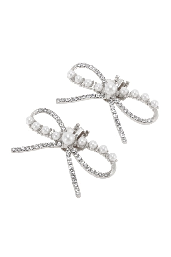 2 Pcs Shoe Accessories Fashionable Pearl Rhinestone Bow with Detachable Clip Shoe Decorations Silver Tone