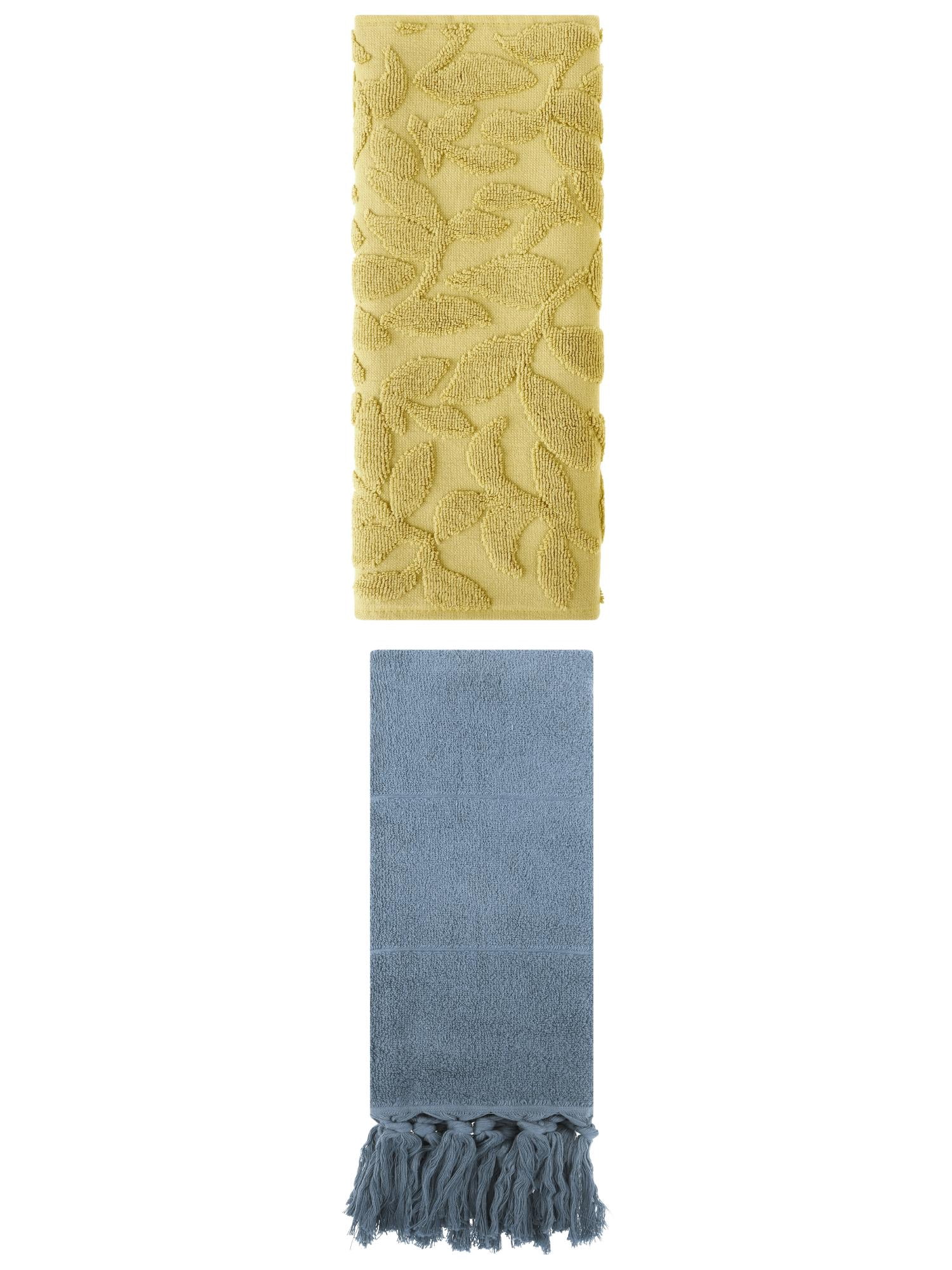 Unique Bargains 2 Pack Soft Absorbent Cotton Hand Towels with Tassels 14" x 30" Blue/Yellow