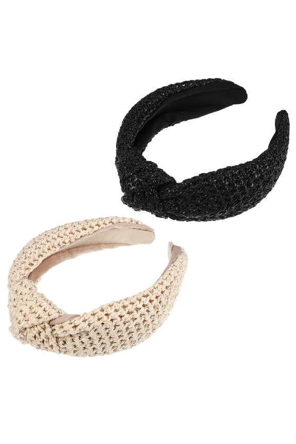 2 Pcs Straw Rattan Sponge Headband Bohemian Style Knotted Hair Hoop for Women and Girl Black Beige