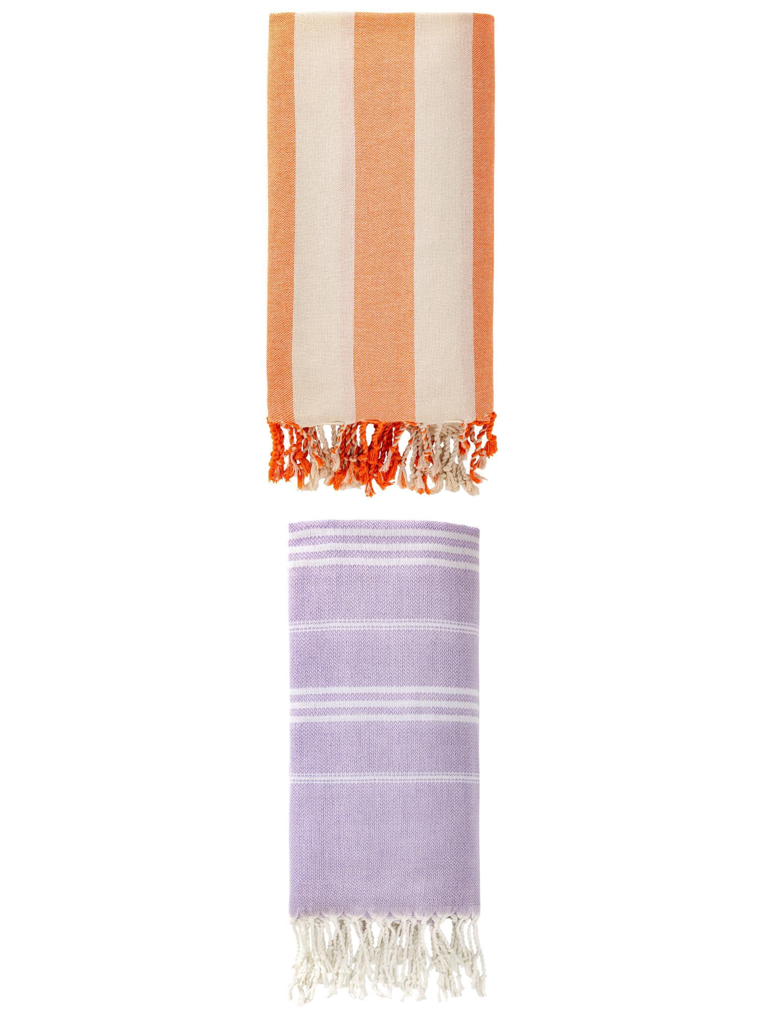 Unique Bargains 2 Pcs Stripe Turkish Anti-Sand Beach Towel Purple/Orange 71"x 35"/71"x 40"