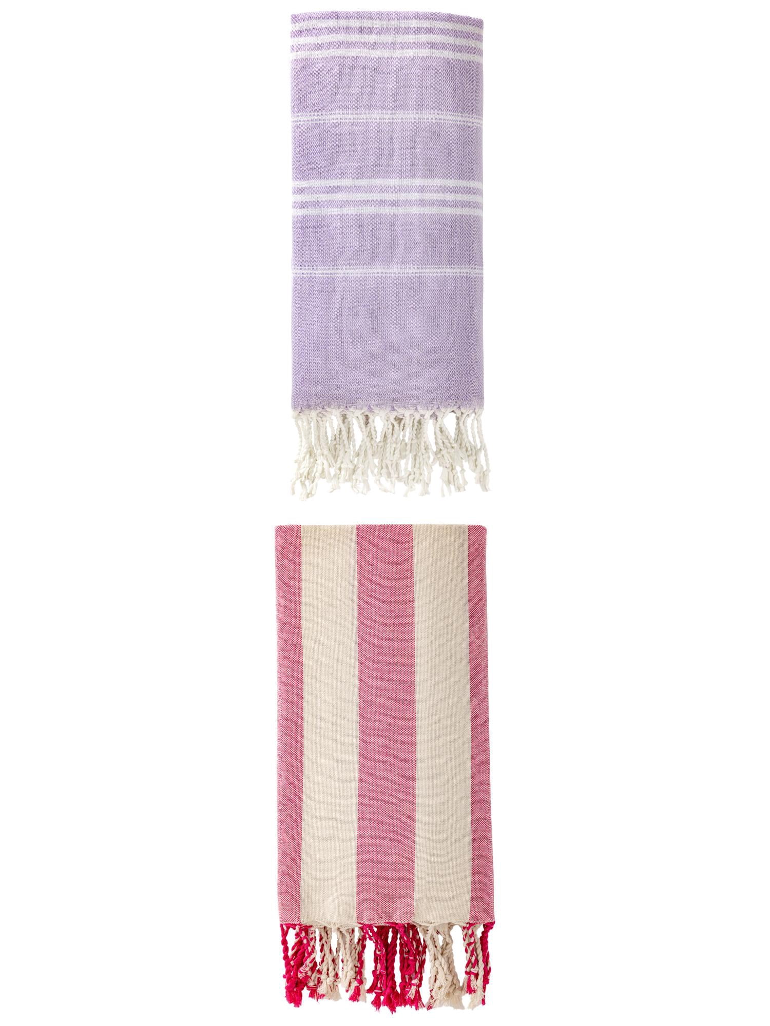 Unique Bargains 2 Pcs Stripe Turkish Anti-Sand Beach Towel Purple/Rose Red 71"x35"/71"x40"
