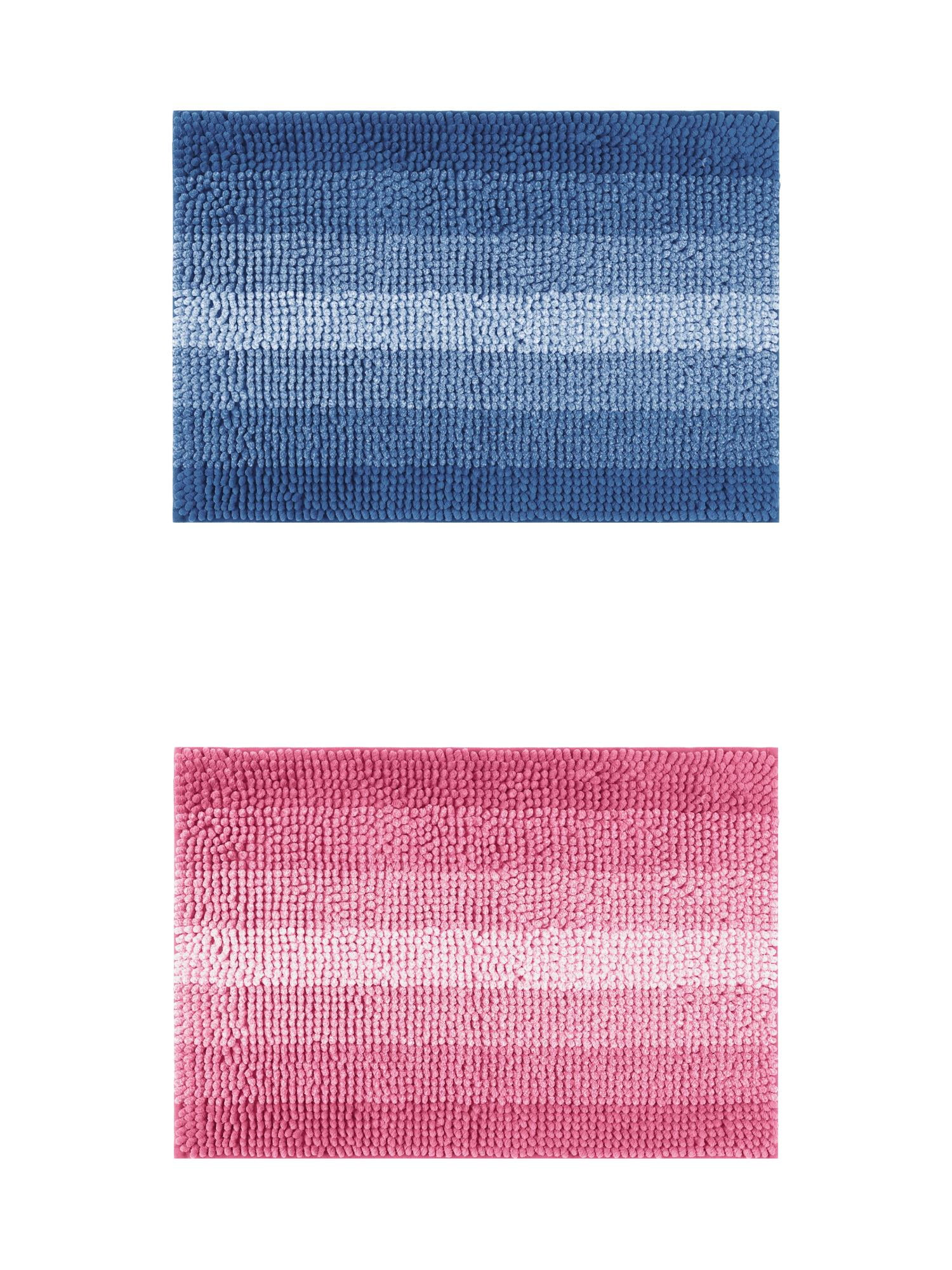 Unique Bargains 2 Pcs Striped Mats Non-Slip Bath Carpet Navy Blue/Pink 16" x 24"