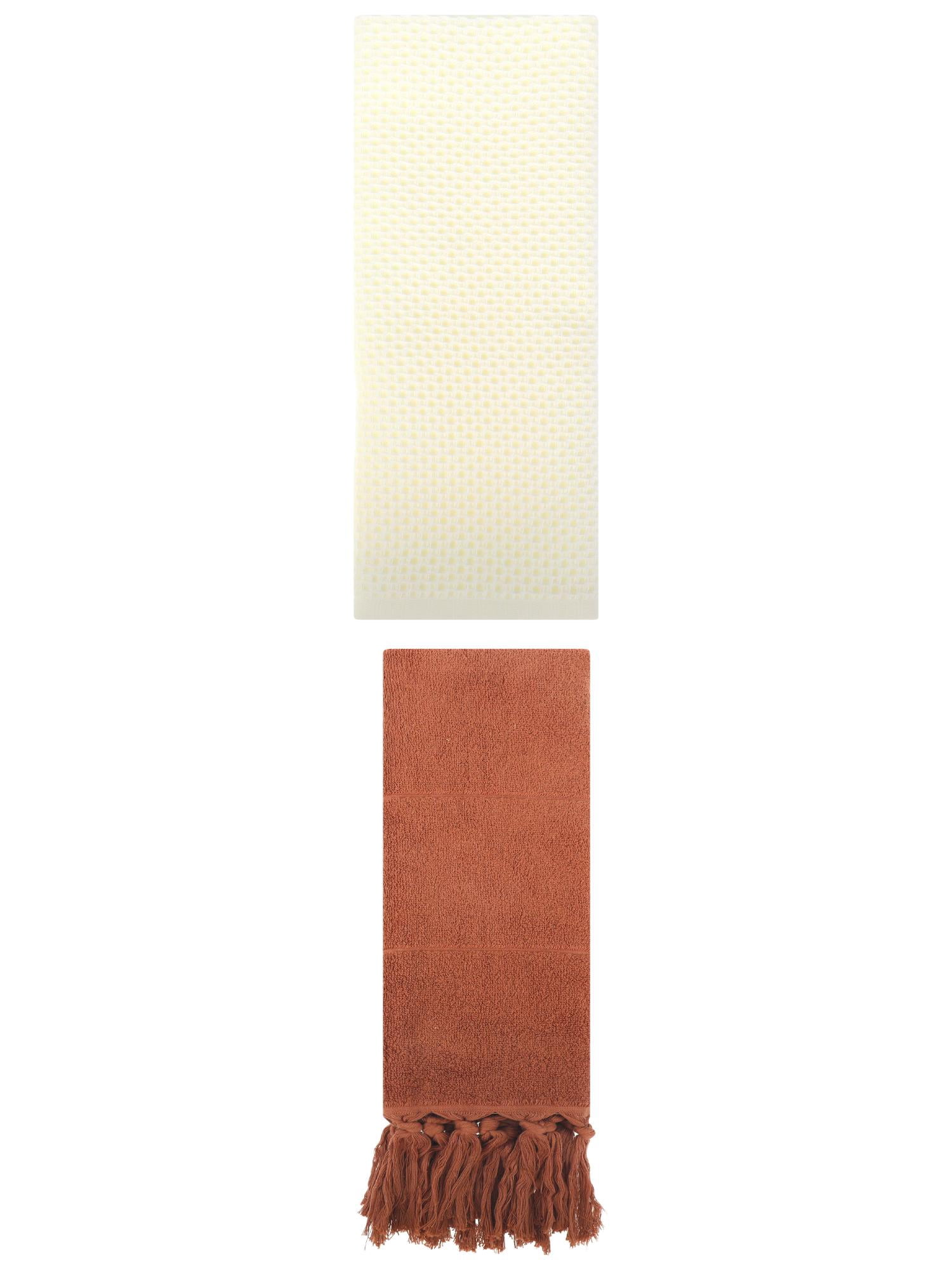 Unique Bargains 2 Pcs Tassels and Waffle Hand Towel Brown/Beige 14"x30"/13"x30"